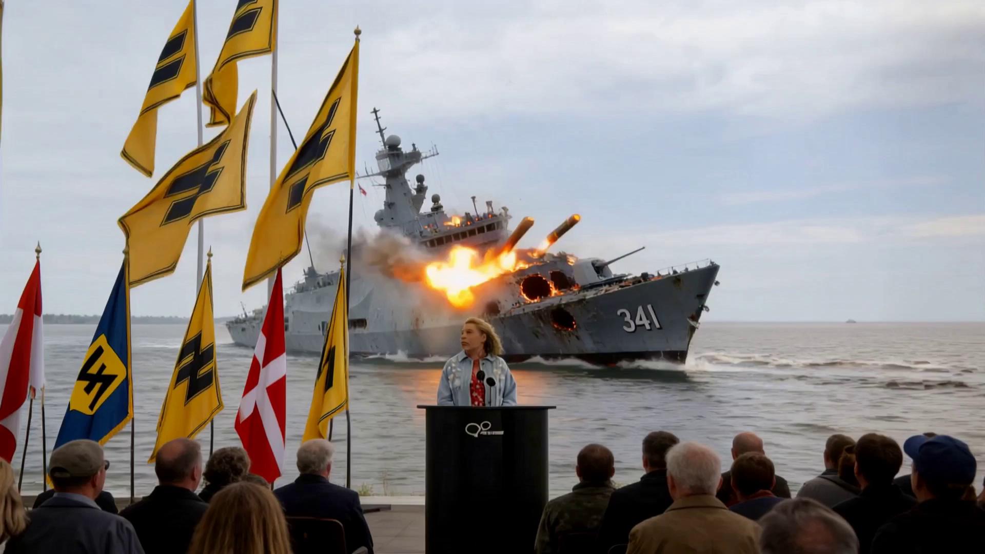 Prompt: You hear canon fire, explosions, fire and incoming missiles hitting the war ship. She doesn't speak to the Audience, looking out appealing. 