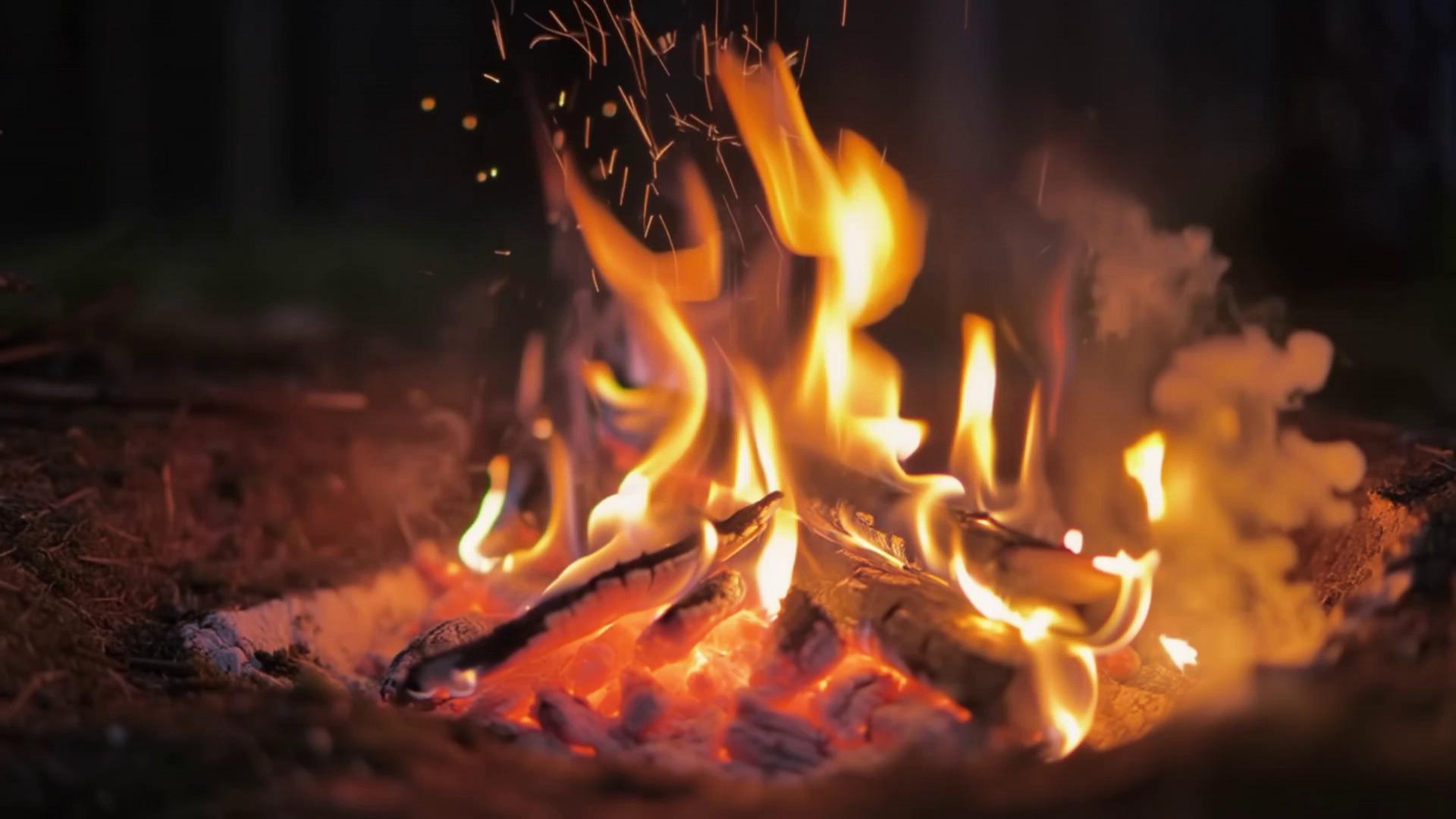 Prompt: Description / Prompt:
Ultra-realistic cinematic close-up of a campfire burning at night in a dense forest. The camera is positioned very close to the flames, capturing detailed fire movement, glowing embers, and gently crackling sparks drifting upward. The firelight softly illuminates surrounding logs, ash, and nearby tree trunks, creating warm orange and amber tones against a deep, dark forest background.
The scene feels calm, intimate, and atmospheric, with shallow depth of field and soft natural bokeh in the background. Subtle smoke rises and fades into the night air. No people, no artificial light, no text — only nature.
Audio is essential: realistic, high-fidelity crackling fire sounds, gentle popping of burning wood, faint ember sizzles, and subtle ambient forest night sounds in the distance (light wind through trees, distant insects). The audio should feel immersive, soothing, and natural, suitable for relaxation, ASMR, and ambience content.
Hyper-realistic lighting, natural color grading, smooth cinematic motion, 4K quality, film-like realism, tranquil mood, visually and aurally satisfying.