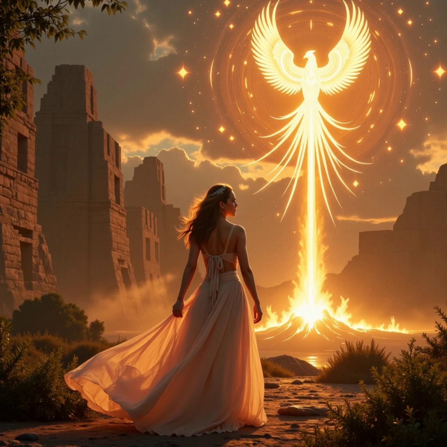 Prompt: The Phoenix is moving upwards into the sky and the woman raises her arms into the air. A flash of light engulfs the image
