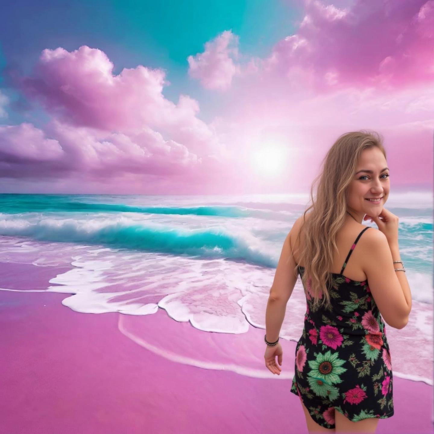 Prompt: Walking along the beach. Surrounded by lights. 