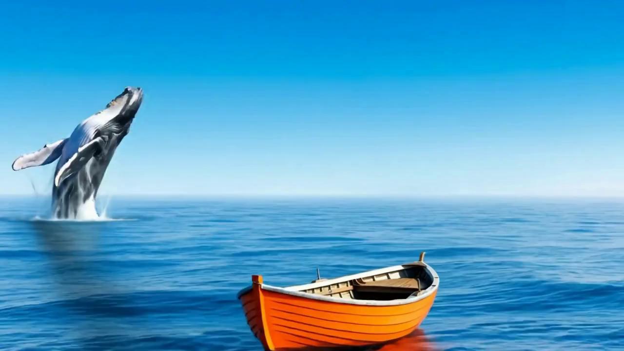 Prompt: whale drops back into the ocean as the boat rocks quietly