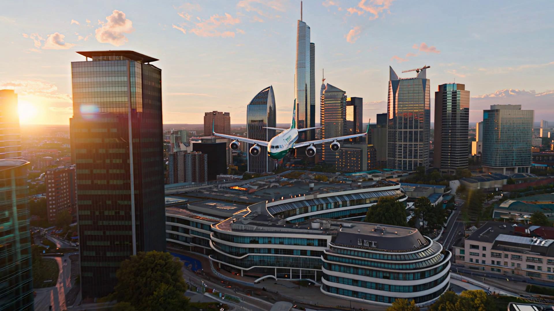 Prompt: A cinematic 360-degree aerial shot of an Aer Lingus Airbus A380 approaching a modern megacity skyline. The camera begins far away behind the aircraft and slowly circles around as it flies low over the city. The plane is painted in the iconic Aer Lingus green and white livery with the shamrock tailfin clearly visible. Skyscrapers loom in the background with glass facades reflecting sunset light. As the aircraft gets closer, its landing gear begins deploying smoothly in midair. The scene shows increasing detail of the fuselage, engines, wings, and gear mechanism. The atmosphere includes subtle heat haze from the engines, scattered clouds, and lens flares from the golden sun. The final frames bring the camera under the nose and close to the landing gear for a detailed view as the plane prepares to land.