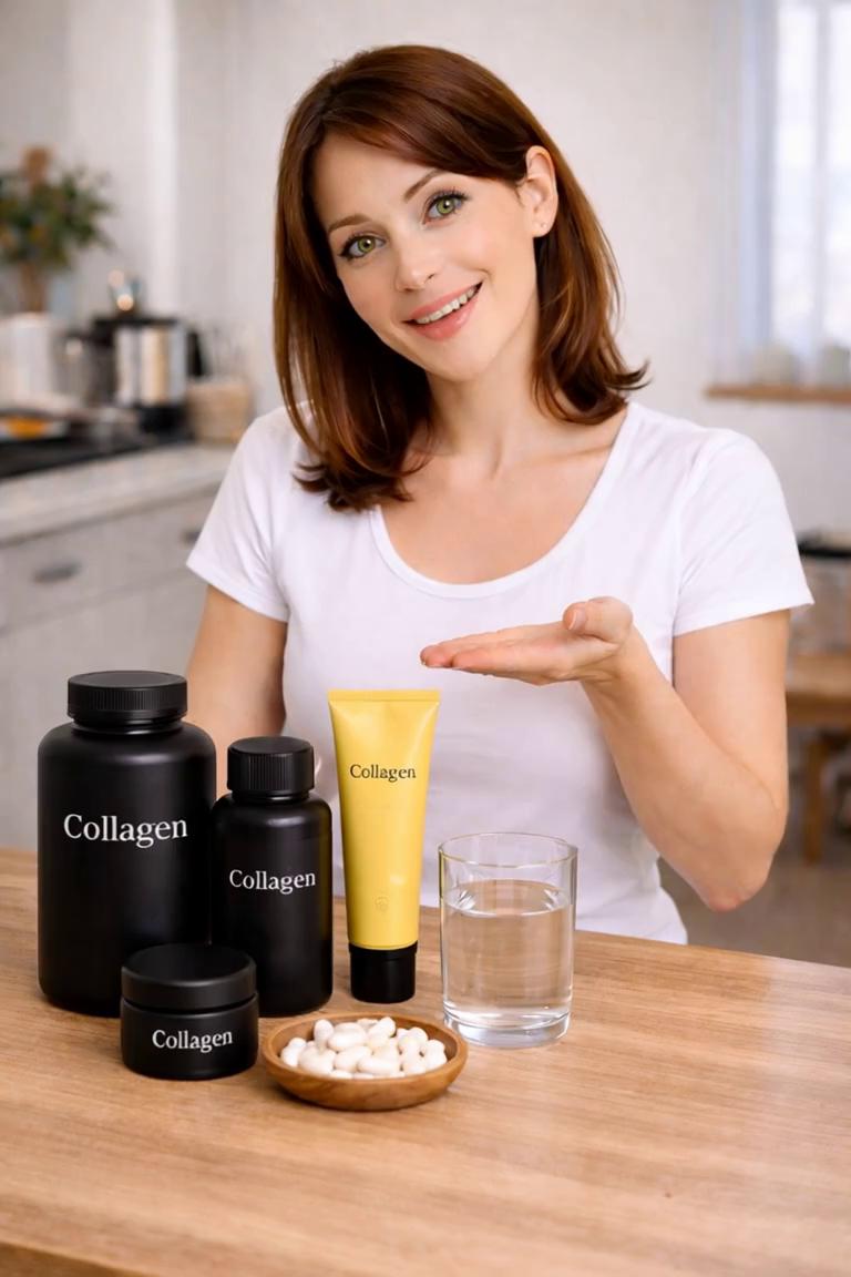 Prompt: A friendly young woman in her mid-30s stands in a bright, facing the camera in a medium close-up, natural makeup and healthy glowing skin; she smiles and speaks confidently while gently gesturing with her hands. Soft daylight from a window, clean white and pastel tones, fresh and trustworthy mood, realistic cinematic style. Camera is static with slight natural head movement. She says: “Collagen helps keep skin firm, smooth, and hydrated. It also supports hair, nails, and joints, helping you look and feel younger every day.”