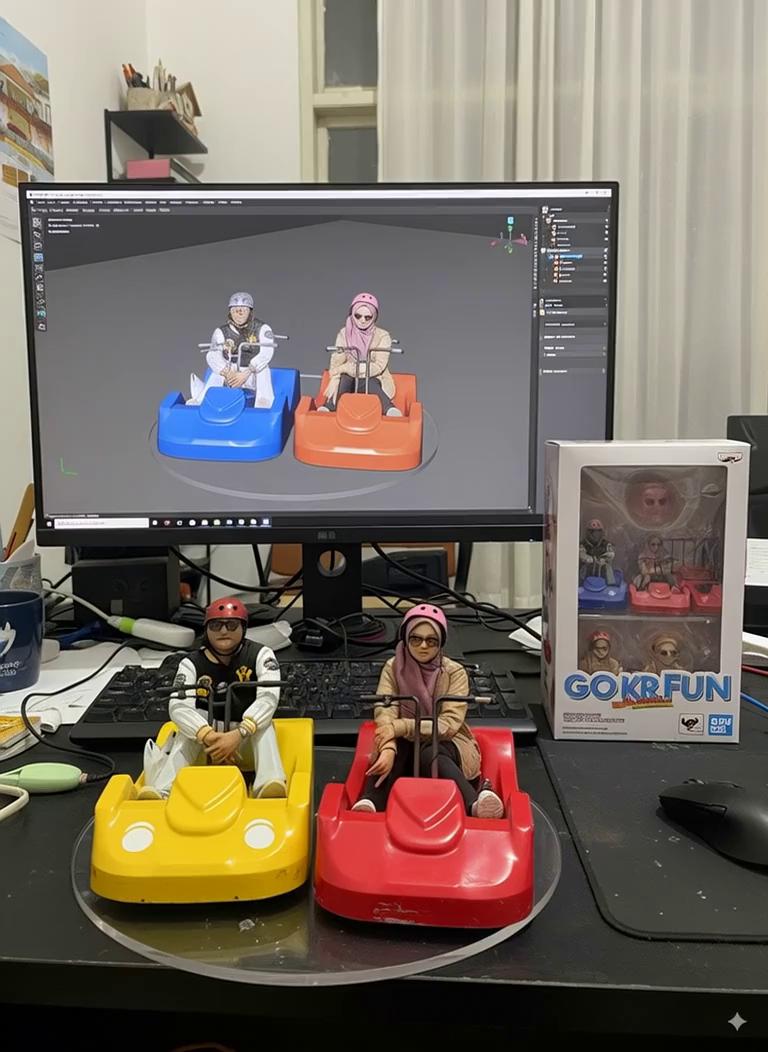 Prompt: Two hands gently pick up the figure in the frame and rotate it slightly for inspection. The model on the computer screen and the model printed on the packaging box remain stationary, while all other background elements stay unchanged.