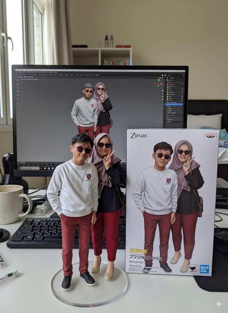 Prompt: 
Two hands gently pick up the figure in the frame and rotate it slightly for inspection. The model on the computer screen and the model printed on the packaging box remain stationary, while all other background elements stay unchanged.