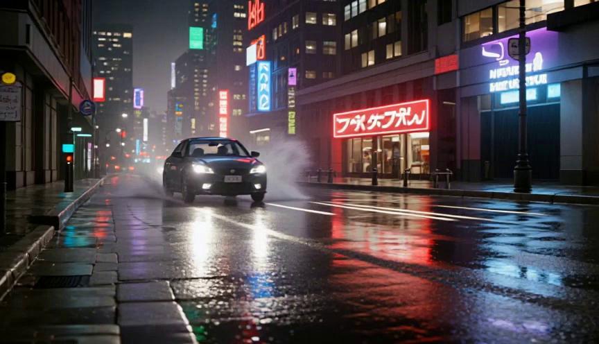 Prompt: 3-second cinematic video of neon city lights reflecting on wet streets at night, soft rain falling, shallow depth of field, smooth camera pan, moody cyberpunk vibe