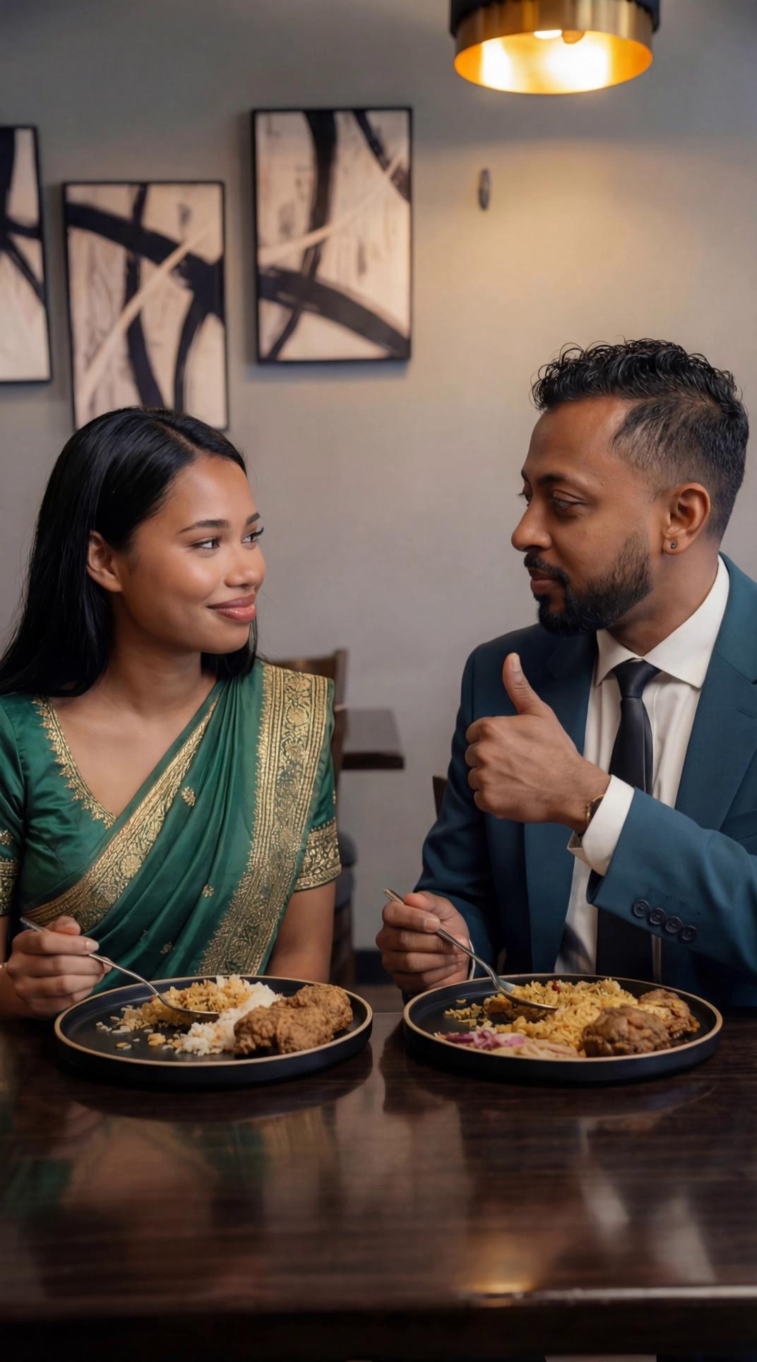 Prompt: ### KLING 2.5 VIDEO PROMPT (5 SECONDS)

A cinematic medium close-up at a restaurant table, preserving the exact camera angle, lighting, wall art alignment, and table setup from the reference image. The couple sits side-by-side with identical black plates holding Bengali polao and roast. Both hold spoons; food portions show slight disturbance from eating.

ACTION TIMING (STORY-DRIVEN, NATURAL):

Second 0–1.2:
Both subjects are chewing with food already in their mouths — subtle jaw movement, lips closed. The man glances at the woman and raises a relaxed thumbs-up with his free hand while still chewing, signaling approval.

Second 1.2–2.4:
The woman pauses mid-chew and gives a brief skeptical reaction — a slight eyebrow lift and a soft “really?” look — still chewing, spoon hovering near her plate. No dialogue.

Second 2.4–3.8:
She scoops a small bite with her spoon, brings it to her mouth, and begins chewing. Her expression shifts as she processes the taste — eyes soften, shoulders relax.

Second 3.8–5:
She nods once in agreement and raises her free hand into a small thumbs-up back at him, still chewing. The man holds his thumbs-up and smiles subtly. Shared eye contact confirms: “yeah, this is it.”

CAMERA & STYLE:
Locked camera with extremely subtle handheld micro-movement. Warm pendant lighting remains unchanged. Shallow depth of field keeps faces and plates crisp. No zooms, no cuts, no camera drift.

### PARAMETERS
- Aspect ratio: 16:9
- Lens: 50mm, f/2.2
- Duration: 5 seconds
- Output count: 1
- Motion priority: facial micro-expressions, hand gestures, chewing realism

### SEMANTIC NEGATIVES
No dialogue, no exaggerated chewing, no wide mouth opening, no background shifts, no added props, no utensil swapping, no sudden gestures, no camera shake.