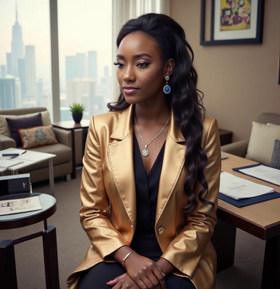 Prompt: Showcase a poised, successful woman in a high-rise office overlooking a city skyline. She exudes authority, ambition, and grace, dressed in a luxurious gold blazer over a sleek black outfit. This video is ideal for a brand or campaign highlighting executive presence, leadership, or financial independence.

