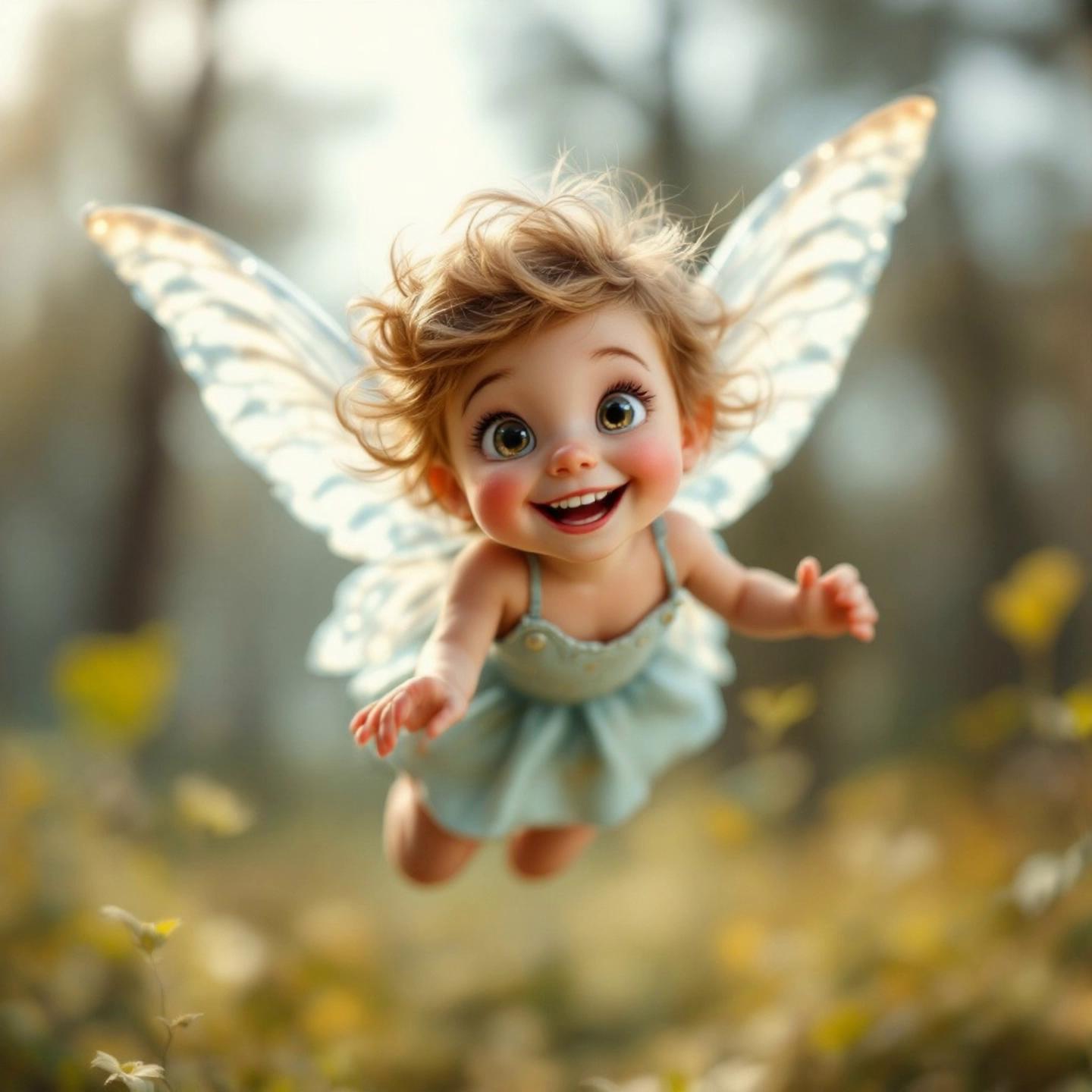 Prompt: tooth fairy hovering in the air, her little wings rapidly flapping