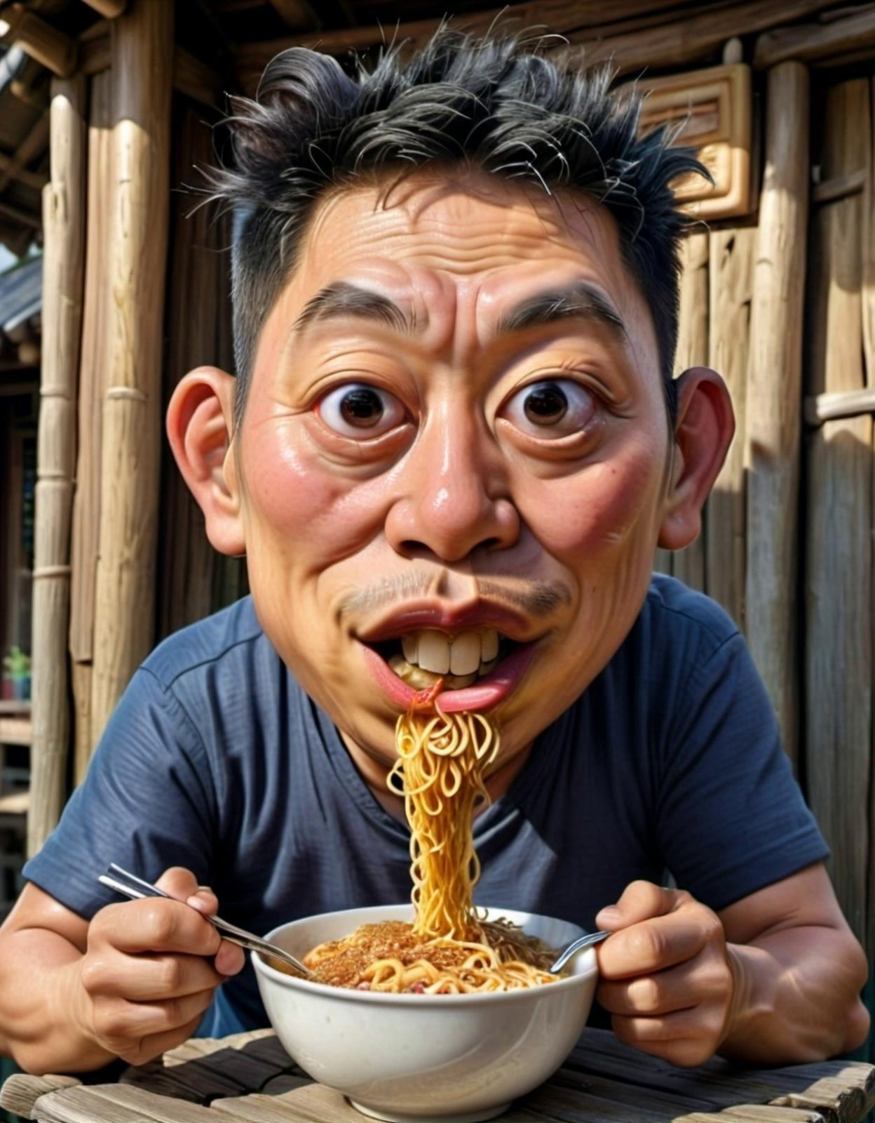 Prompt: A man eating noodle
