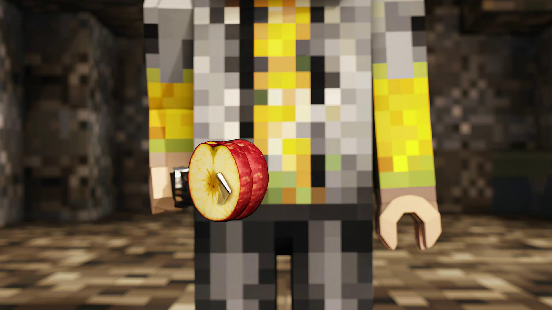 Prompt: Cutting glass Minecraft apples into slices slowly