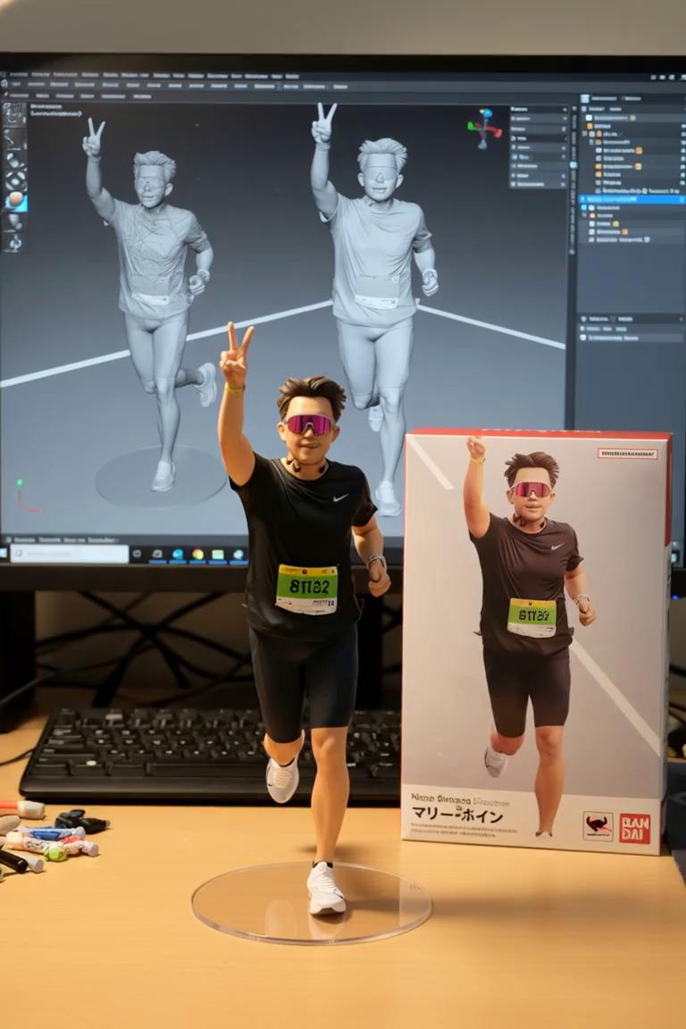 Prompt: Two hands gently pick up the figure in the frame and rotate it slightly for inspection. The model on the computer screen and the model printed on the packaging box remain stationary, while all other background elements stay unchanged.