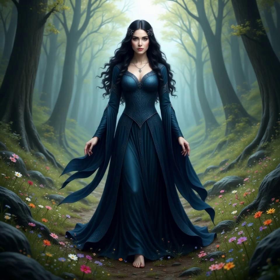 Prompt: She is walking through forest and then smiles and starts dancing as the sky turns to night with stars in the sky. And the moonlight shining on her 