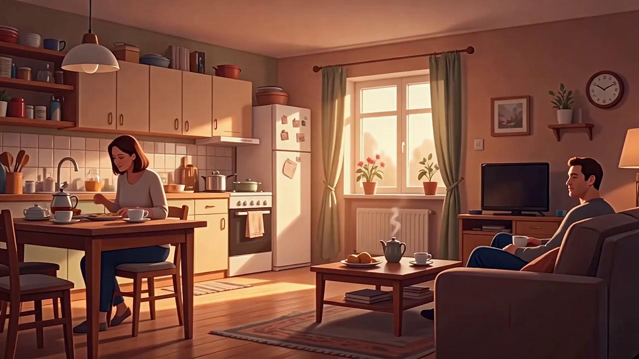 Prompt: A stylized, semi-realistic cinematic scene of a calm European home interior.
The scene looks real and alive, but not photorealistic — slightly illustrated, painterly, softly cartoon-like.
A warm, cozy apartment with gentle lighting and soft colors.
In the kitchen, a woman is calmly preparing tea or dinner.
In the living room, a man is sitting comfortably, watching TV or drinking coffee.
The characters feel human and emotional, but with simplified, soft features — not exact portraits.
The environment feels safe, ordinary, familiar.
Warm tones, soft shadows, subtle textures, smooth edges.
A feeling of everyday life, routine, comfort.
Calm atmosphere, slow cinematic mood.
No text, no symbols, no flags.
This scene represents normal life, comfort, and unawareness.

Style keywords:
semi-realistic illustration, cinematic illustration, painterly realism, soft cartoon style, warm lighting, emotional storytelling, digital painting, film-like composition, 16:9
