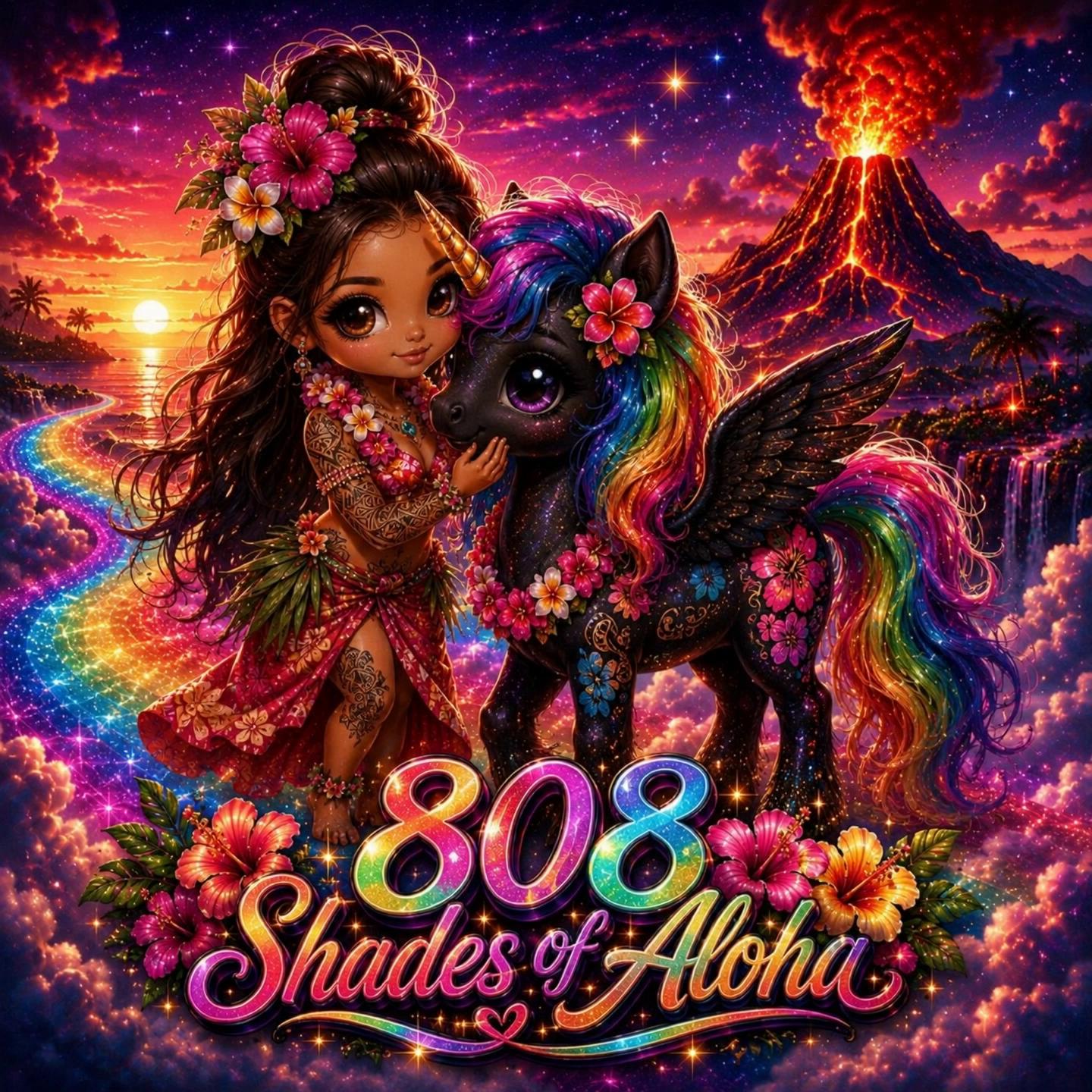 Prompt: The girl gets on the Pegasus flies into the sunset to the rainbow waterfall behind it is the cave to the portal universe
