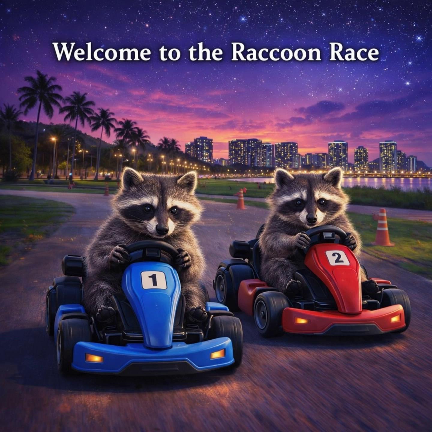 Prompt: Two realistic raccoons driving go-karts at night in a tropical city park. Karts slowly drive forward toward camera. Wheels spinning, slight camera vibration, raccoons blinking and fur moving in wind. Road scrolling underneath. Palm trees and city lights slowly moving past. Stars twinkling. Motion blur and light tire dust. Cinematic racing intro. Smooth, realistic animation.