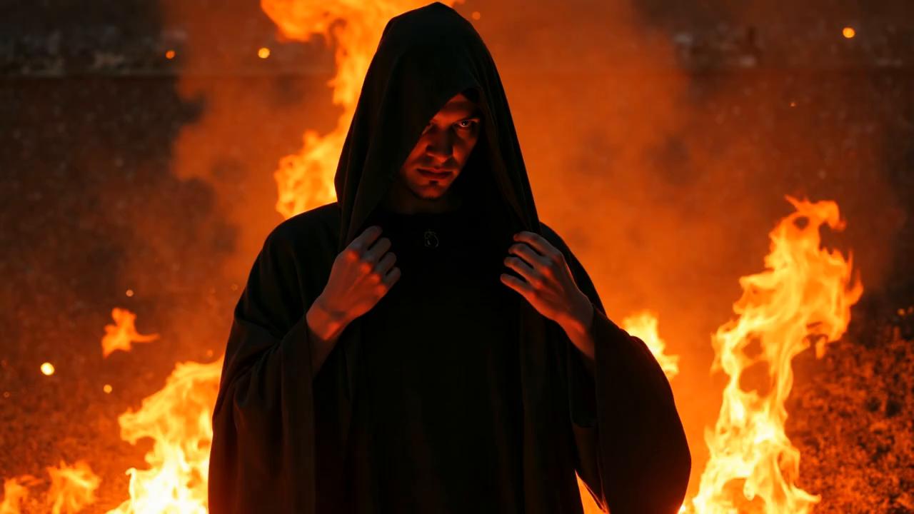 Prompt: the hooded fire removes his hood and we can see his face and entire body as we zoom out from the starting image, the fires burn brightly as they are blazing high, very omnious and surreal scene that is macabre and disturbing in this hellish world  