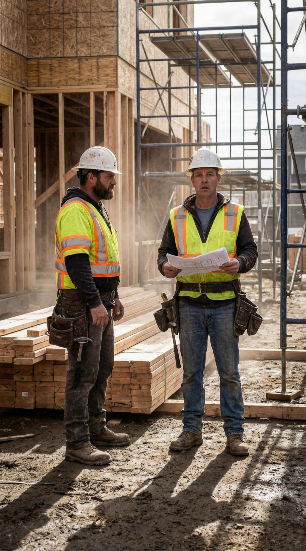 Prompt: Worker A slightly turns his head toward Worker B and blinks once. Worker B blinks and tilts his head slightly as if confused. Small breathing motion in both workers. No walking or hand gestures. Construction site background remains still.Use this for speech: “Worker A looks at Worker B and speaks calmly with dry humor, natural American male voice, slightly disappointed tone: ‘You’ve got two brain cells…’ short pause ‘and they’re fighting for third place.’ Worker B does not speak and just reacts silently.”