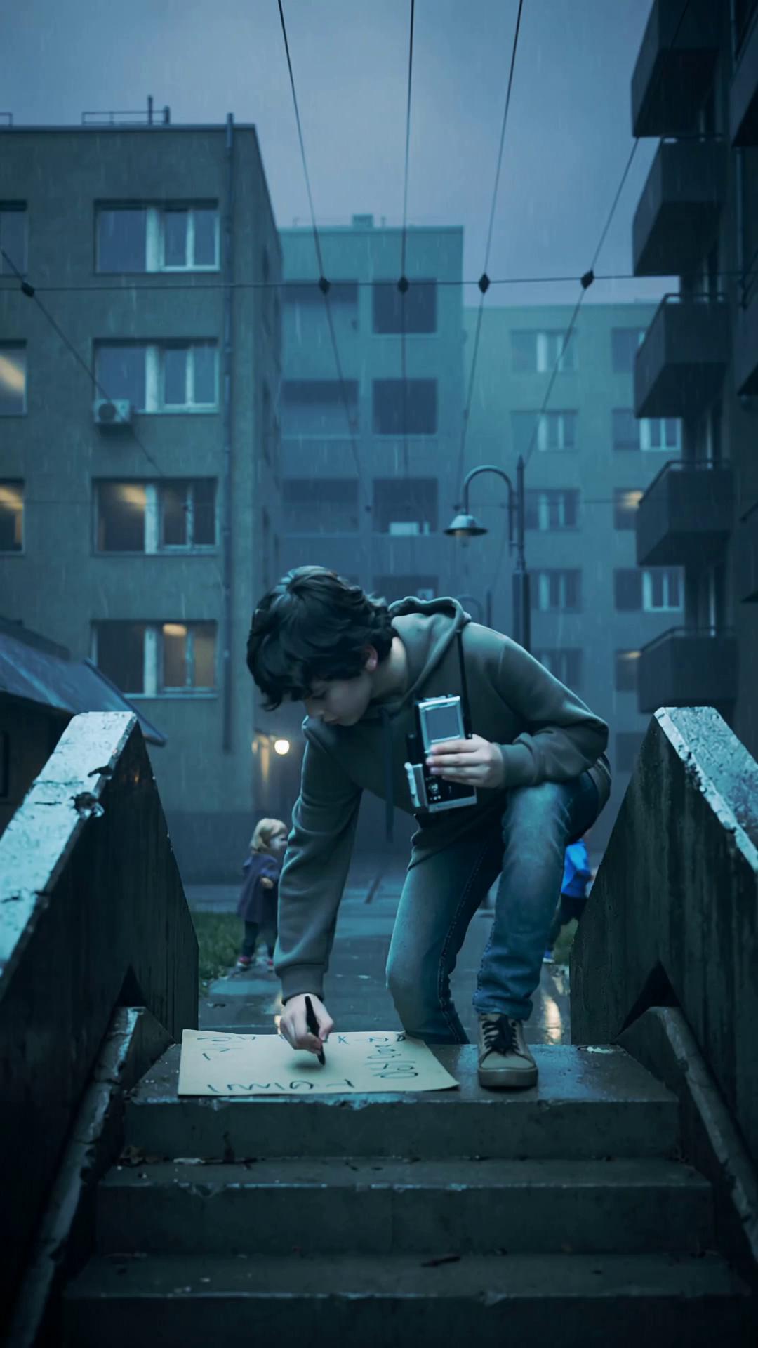 Prompt: Pantelimon, 1999. Grey blocks, rain-slick streets, kids playing under flickering lights. A teen with a Walkman writes rhymes on staircases while his mom works two jobs. Nights echo with trams, voices, and dreams of escape. From pain to purpose, he turns struggle into sound—rapping on rooftops, underpasses, and basements. From concrete and chaos, a new light rises: Pantelimon, frate — respect from the East.