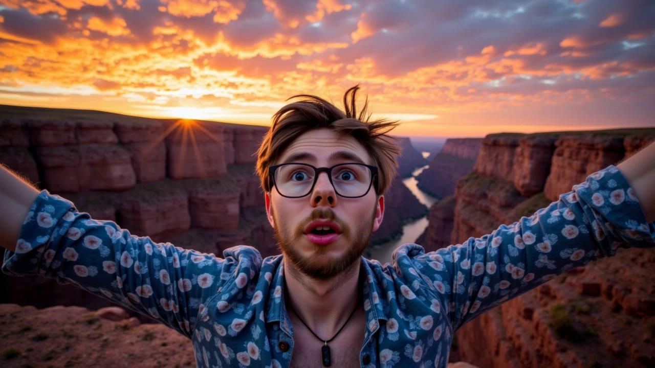 Prompt: A blond man with scruffy hair, blue eyes, glasses, and a flowery blue open shirt, shouts into the camera, shouting for help in the vast canyon at golden hour sunset, reminiscent of vintage 1960's classic cinema of the Beatles era, the camera tracks back to reveal this man at a distance, alone in the huge canyon 