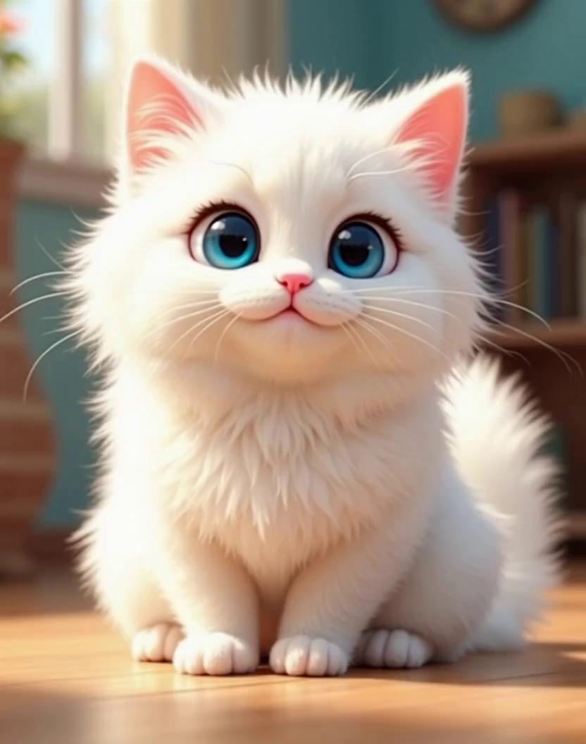 Prompt: meet fluffy the fluffiest cat in the town. with his snowy white fur and twinkling eye. fluffy brings joy to everyone he meets.
(show the cat purring around his owners legs contentedly 