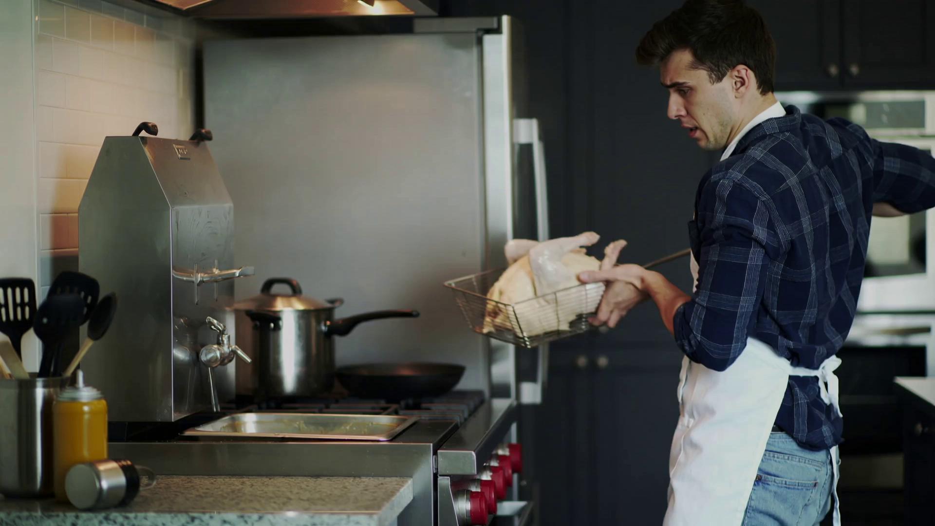 Prompt: @ Tyler is deep frying a turkey that catches on fire. No guitar