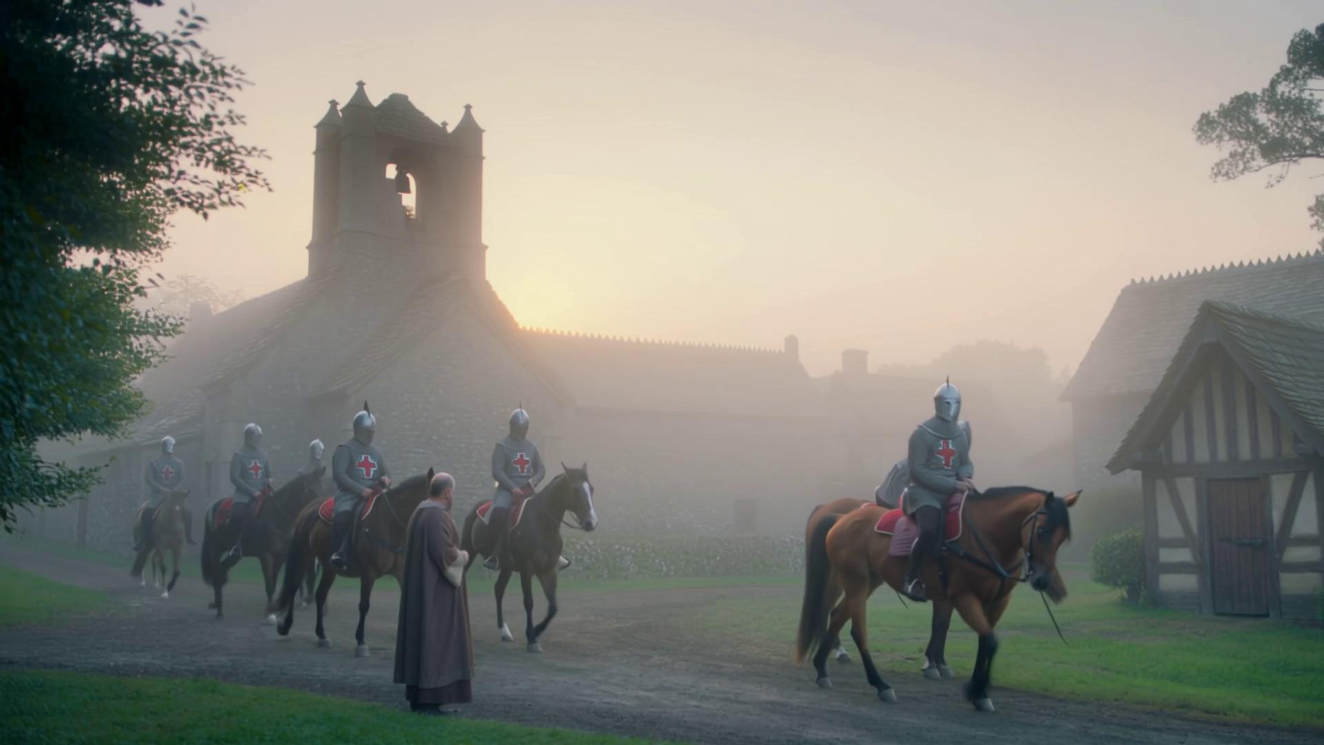 Prompt: Medieval Europe 1100s, crusades. Priest in simple robes stands aside, quietly relieved, watching crusaders in chainmail with red crosses mount horses and depart. Small village, church, dawn light, light fog, wind, cinematic pan, ultra-realistic, natural mood