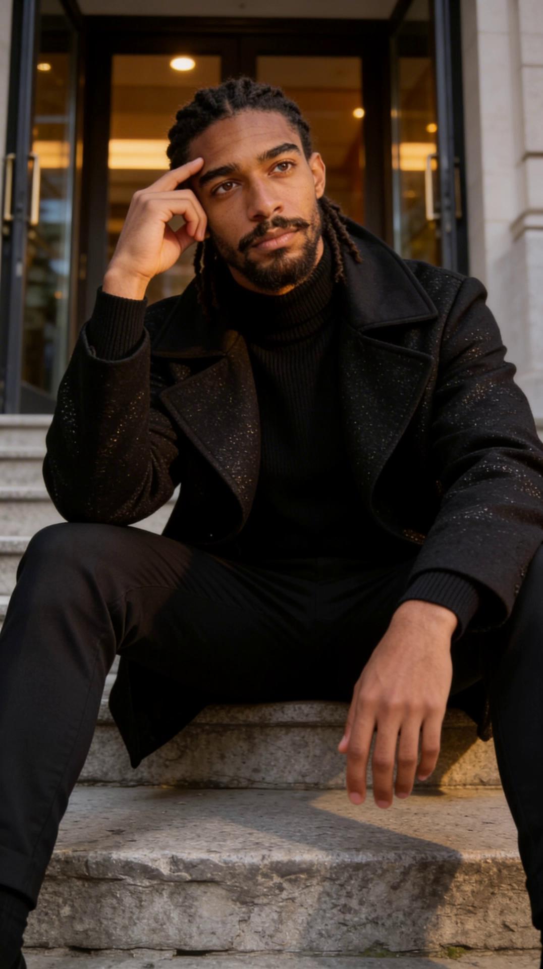 Prompt: A cinematic urban portrait of me, keeping my real face unchanged. I am sitting casually on outdoor stone steps in front of a building entrance, leaning slightly forward with a confident and contemplative posture. My left elbow rests on my knee, with my hand raised to my temple in a thoughtful gesture, while my right arm hangs more loosely, with my hand extended downward in a relaxed position. My legs are bent naturally, spreading apart for a grounded and strong presence. My gaze is directed toward the camera, steady and intense, with a calm yet powerful expression. I am wearing a black outfit: a fitted turtleneck sweater layered under a black coat with a wide collar and subtle texture. The coat has a tailored yet modern look, with a slightly matte fabric that absorbs the light, creating depth. My trousers are also black, slim-fitted, completing the clean, monochromatic style. No visible accessories, emphasizing minimalism and sophistication.The background shows part of an urban building with glass doors and warm interior lights softly glowing, adding contrast to the darker tones of my outfit. The lighting is warm and diffused, highlighting my face and upper body while creating soft shadows that add cinematic depth. The camera captures me slightly from below (low angle), emphasizing strength and presence, framed from the knees up. The focal length resembles a portrait lens around 50-85mm, producing natural proportions with a shallow depth of field that keeps me sharp against the softly blurred background. Style: cinematic, moody urban portrait, editorial fashion photography, minimalistic monochrome outfit, professional model vibe.He'll also look up at the sky and slowly look back at the camera, whilst the camera slowly zooms in on him 