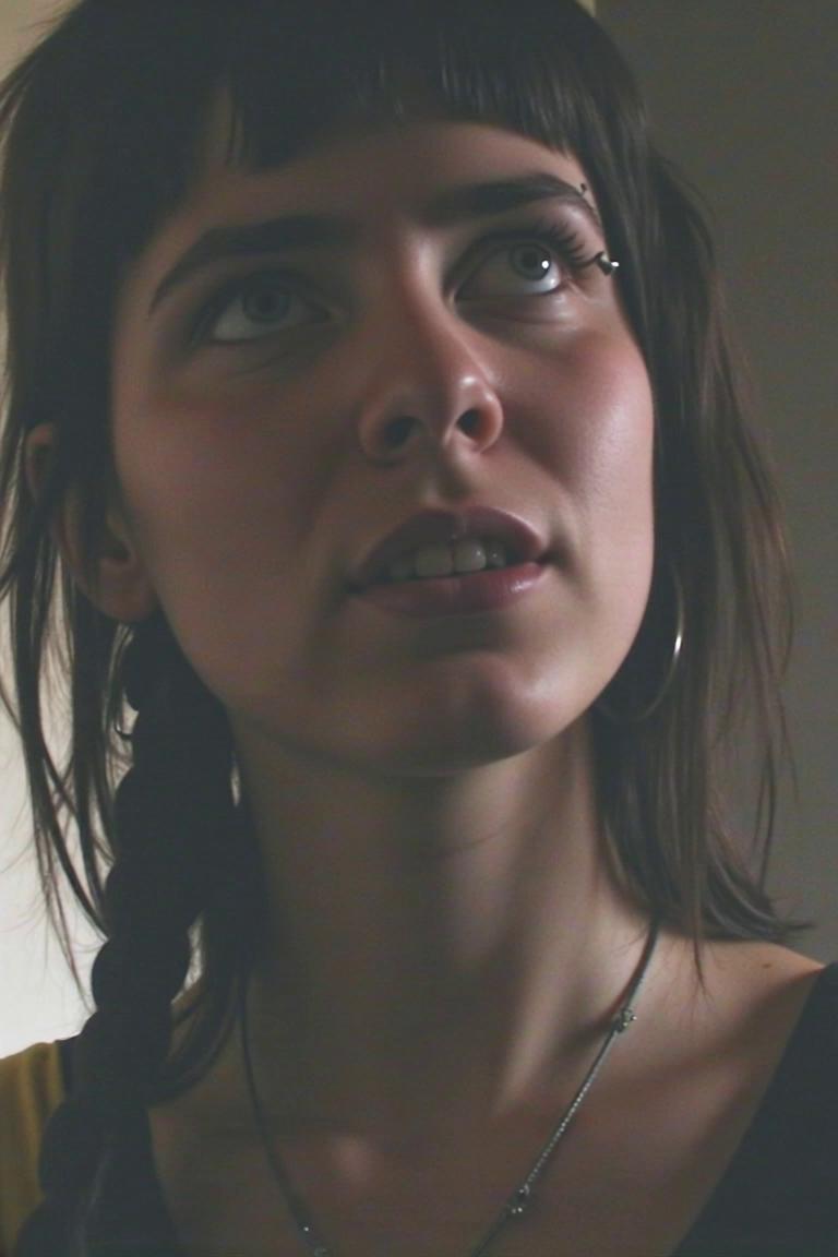 Prompt: The young woman has bangs and braids. She has face piercings. A black man holds her neck  and she gasps