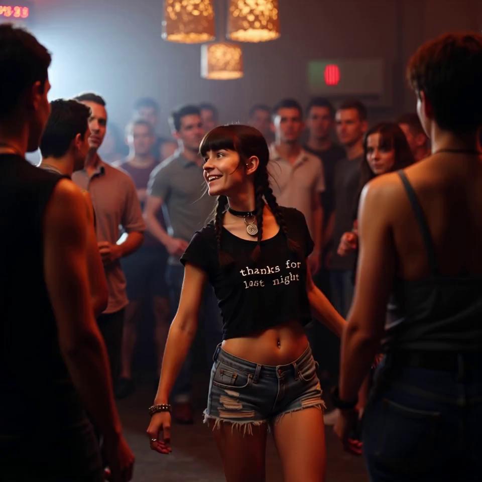Prompt: A young woman flirts and men handle her