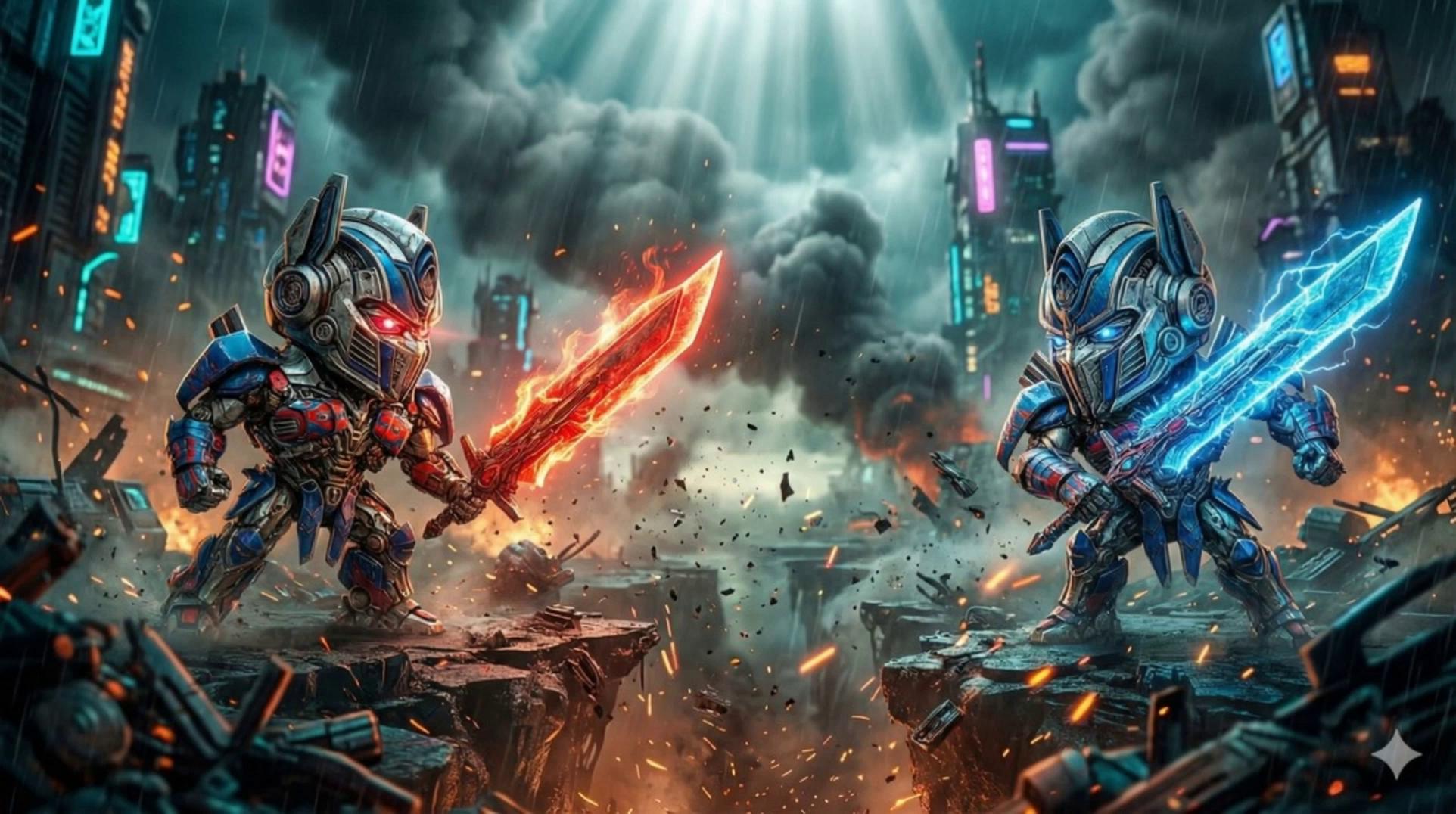 Prompt: prompt = (    "HYPER-SPEED BRUTAL DUEL — MICHAEL BAY CAMERA CHAOS I2V. "    "Photorealistic, ultra-detailed, high-frame-rate fight between two chibi-style Cybertronian warriors in a collapsing cyberpunk megacity at night. "    "Michael Bay cinematography: extreme low-angle hero shots, aggressive handheld shake, rapid whip-pans, snap zooms, rolling shutter distortion, lens breathing, anamorphic flares, chaotic parallax as debris flies past the lens. "    "Neon towers explode, fireballs bloom, rain streaks across camera glass, smoke, sparks, embers everywhere. "    "Compact chibi proportions, oversized armored heads, glowing eyes, battle-worn metal plating. "    "One wields a colossal RED molten plasma sword, the other a massive BLUE cryo-electric blade; red and blue energy trails coil violently around limbs and weapons. "    "SEQUENCE: "    "0.0–0.3s — Ultra slow-mo standoff, wide lens orbit, rain and dust frozen, blades charging. "    "0.3–0.6s — Hyper-speed dash, violent shake and whip-pan, photon trails tear smoke, ground fractures. "    "0.6–0.9s — Snap-zoom clash, blinding HDR flare, sparks, molten shards and icy fragments hit camera. "    "0.9–1.2s — Frenetic close combat, rapid cut-ins, heavy motion blur, afterimages, armor deforming. "    "1.2–1.5s — Flaming overhead strike vs frozen counter-block, blades grinding near lens, debris explodes. "    "1.5–2.2s — Massive shockwave, camera thrown sideways, buildings collapse, final hyper-speed disengage with fading red/blue trails. "    "Tone: explosive, chaotic, relentless. "    "Hollywood Transformers destruction, extreme sharpness, aggressive motion blur, volumetric fog, dense particles, high-contrast HDR.")print(prompt)