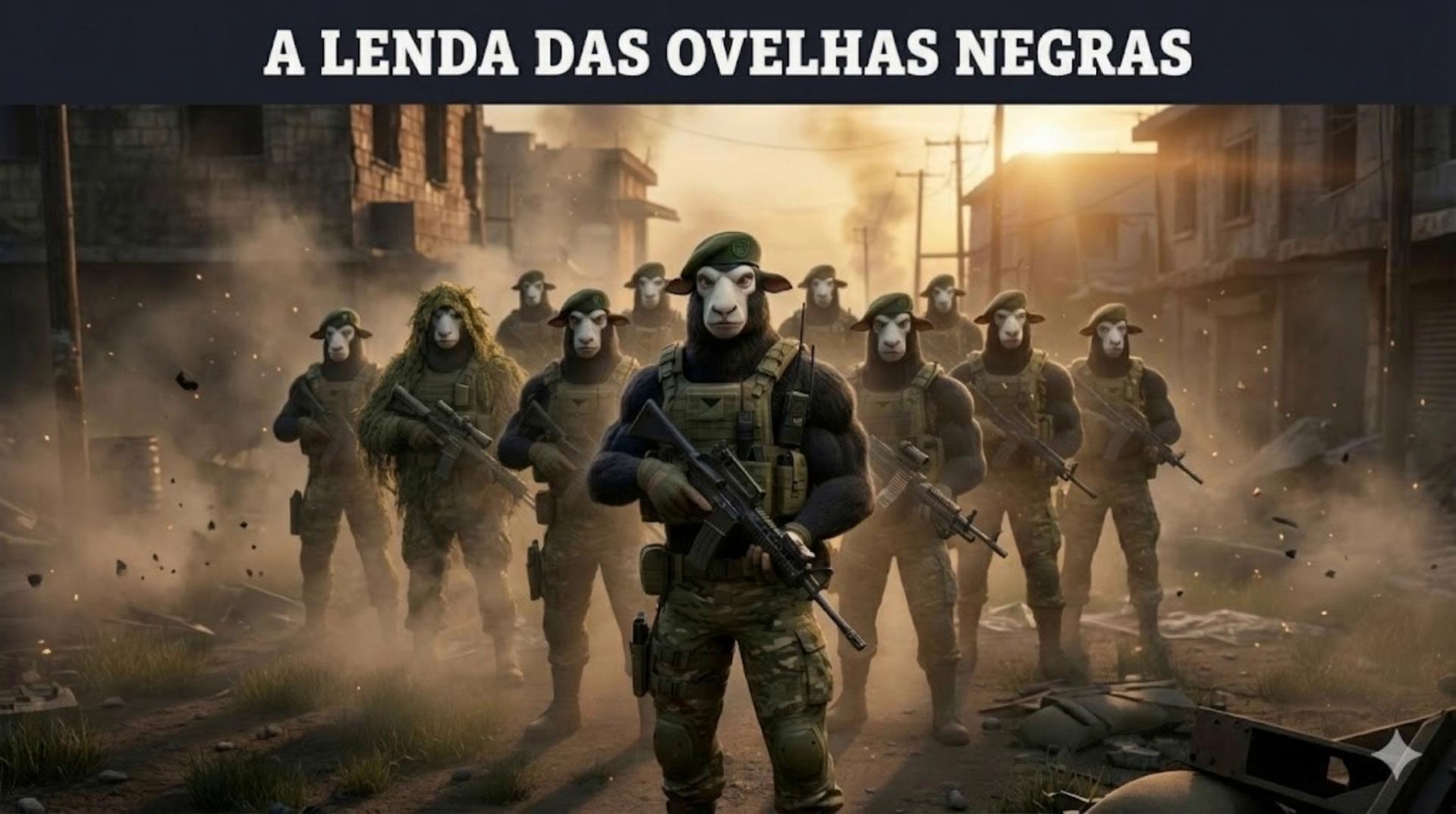 Prompt: Cena de introdução cinematográfica mostrando nove Ovelhas Negras antropomórficas, todas com pelagem preta, alinhadas em meio a uma cidade urbana destruída ao entardecer.

O Comandante está no centro:

Mais forte e imponente

Usa boina verde com símbolo “BS”

Segura um fuzil de assalto

Postura firme, olhar determinado

As demais ovelhas aparecem ao fundo em formação, com variações claras de equipamentos (sniper, suporte, assalto), mas rostos semelhantes, todos de ovelha negra.

Atmosfera épica, fumaça leve, luz dourada do pôr do sol, sensação de lenda e respeito.