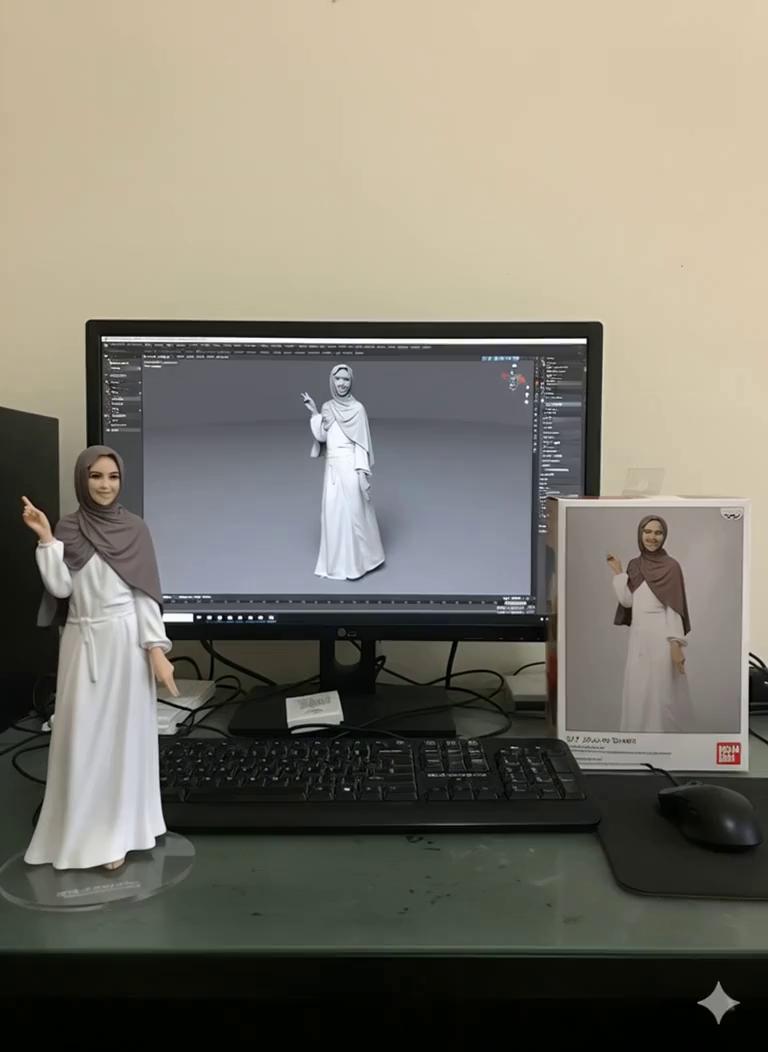 Prompt: @dhen rusdie:Nure dua tangan dengan lembut mengambil gambar pada bingkai yhd dan memutarnya sedikit untuk di periksa. Model dalam kotak tetap diam,sementara semual elmen latar belakang tidak berubah.
