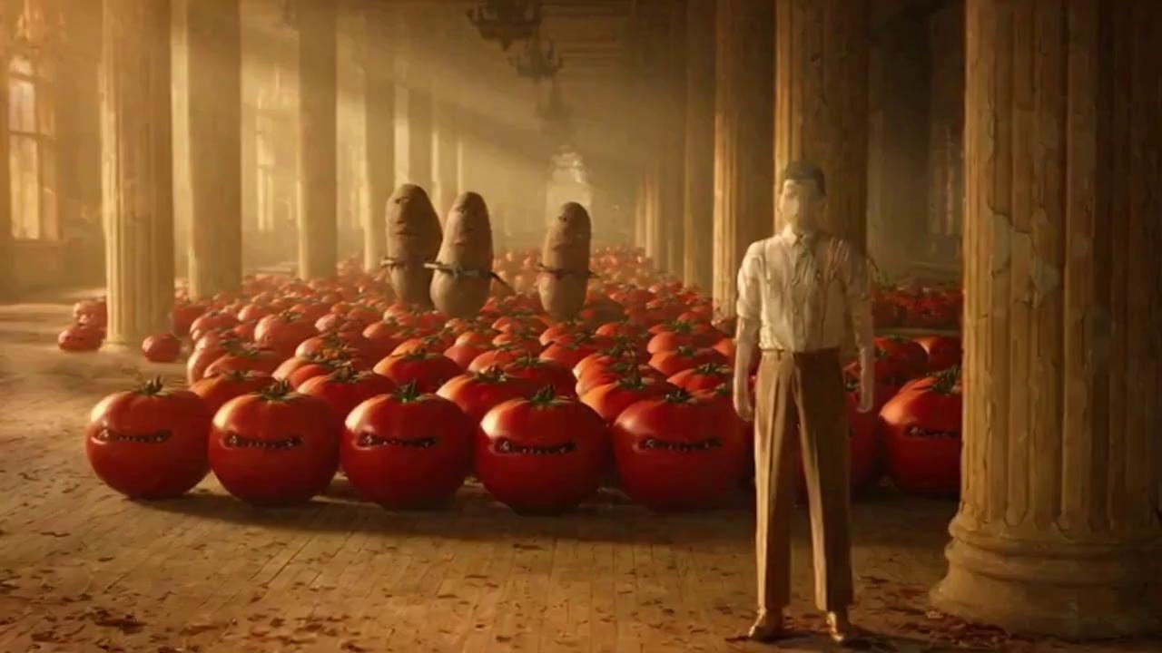 Prompt: A 12-second cinematic shot, starting wide and slowly pushing in. A barbershop quartet of grumpy sentient potatoes, wearing small, tattered velvet bowties, are intensely serenading a crowd of angry, pulsating tomatoes in a vast, empty, liminal space that looks like an abandoned 1940s dance hall. In the foreground, a human-like figure is slowly and continually morphing into a brass antique lamp, with a single, blue, glowing whale flitting past the background. The mood is uncanny, deeply unsettling, and saturated in a humid, golden-hour light.