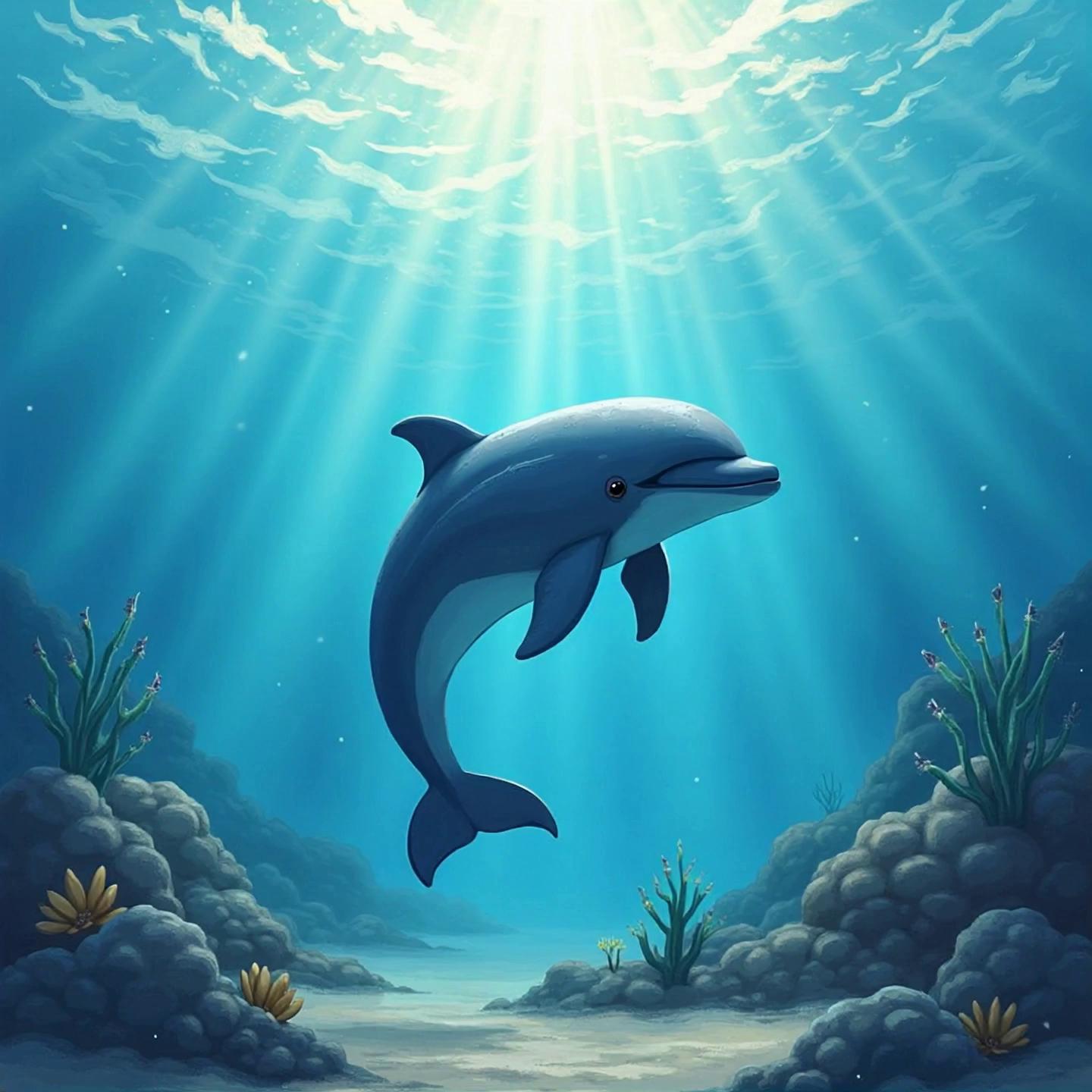 Prompt: Make the dolphine leap through the waves and swim and swim on the water’s  surface. One sunny day, while exploring a nearby cove, she spotted a small, sandy island. Curious, she swam closer and noticed a lonely dog named Max, who had been washed ashore after a storm had separated him from his family.