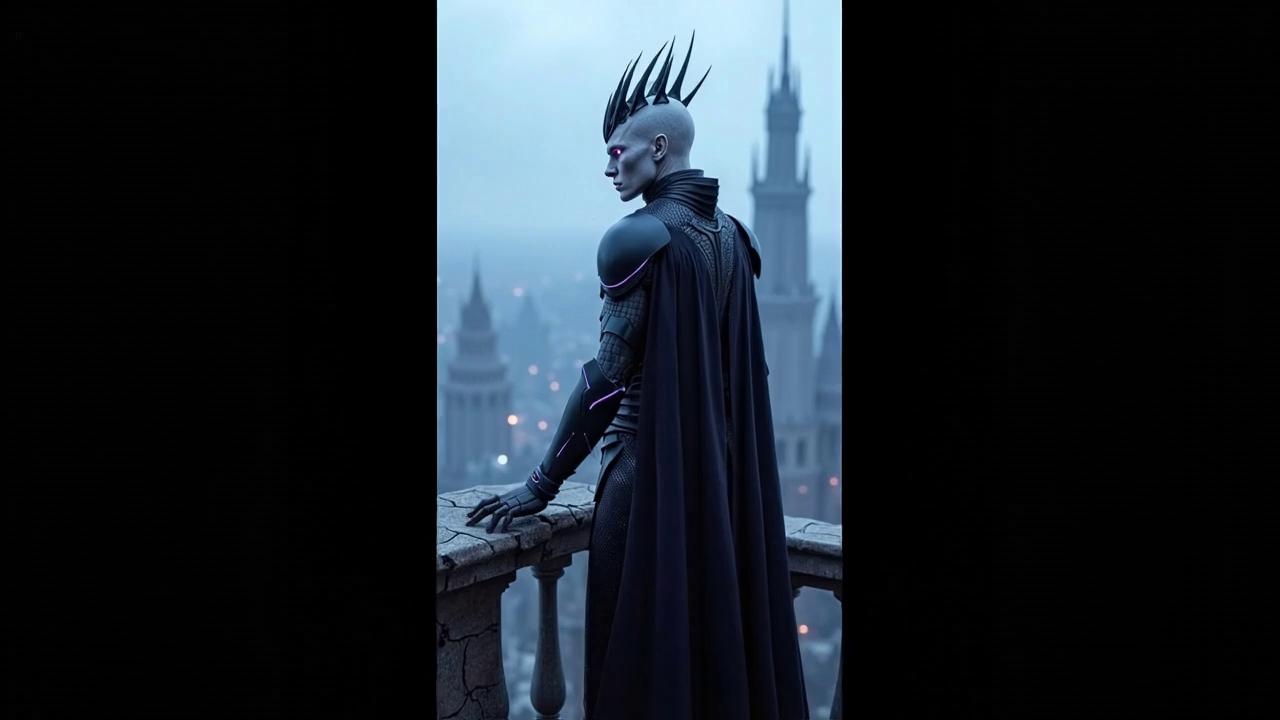 Prompt: Action Continuation:  slowly firms his grip on the stone, eyes narrowing toward <>. Environmental Interaction: a thin veil of ash slides off the balustrade and settles on the ledge below. Camera Language: slow pushing dolly-in from wide to medium, keeping horizon on upper third.