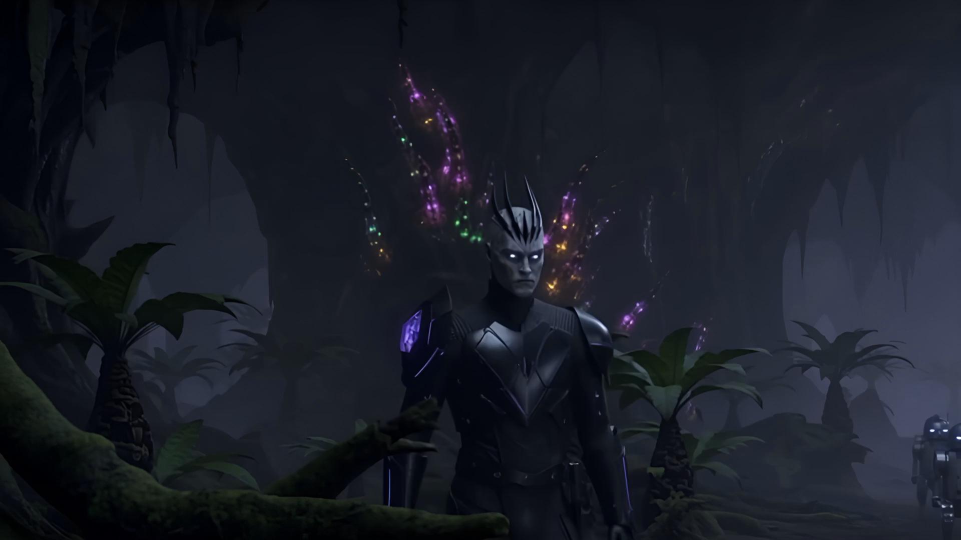 Prompt: @Seraphis leads a combat droid army through the jungle of a dragonalien planet. 