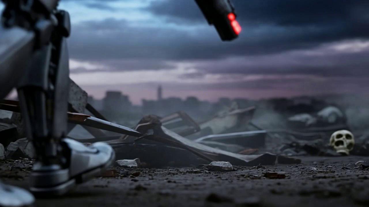 Prompt: A highly detailed miniature diorama of a post-apocalyptic battlefield at night. Ruined city skyline in the background, broken concrete, scattered skulls, twisted metal, ash in the air. A chrome humanoid battle robot with exposed metal endoskeleton is walking forward holding a futuristic plasma rifle. One glowing red eye. Dramatic purple and blue war lighting. Smoke effects. Highly realistic miniature model photography, shallow depth of field, macro lens, cinematic lighting, extremely detailed.