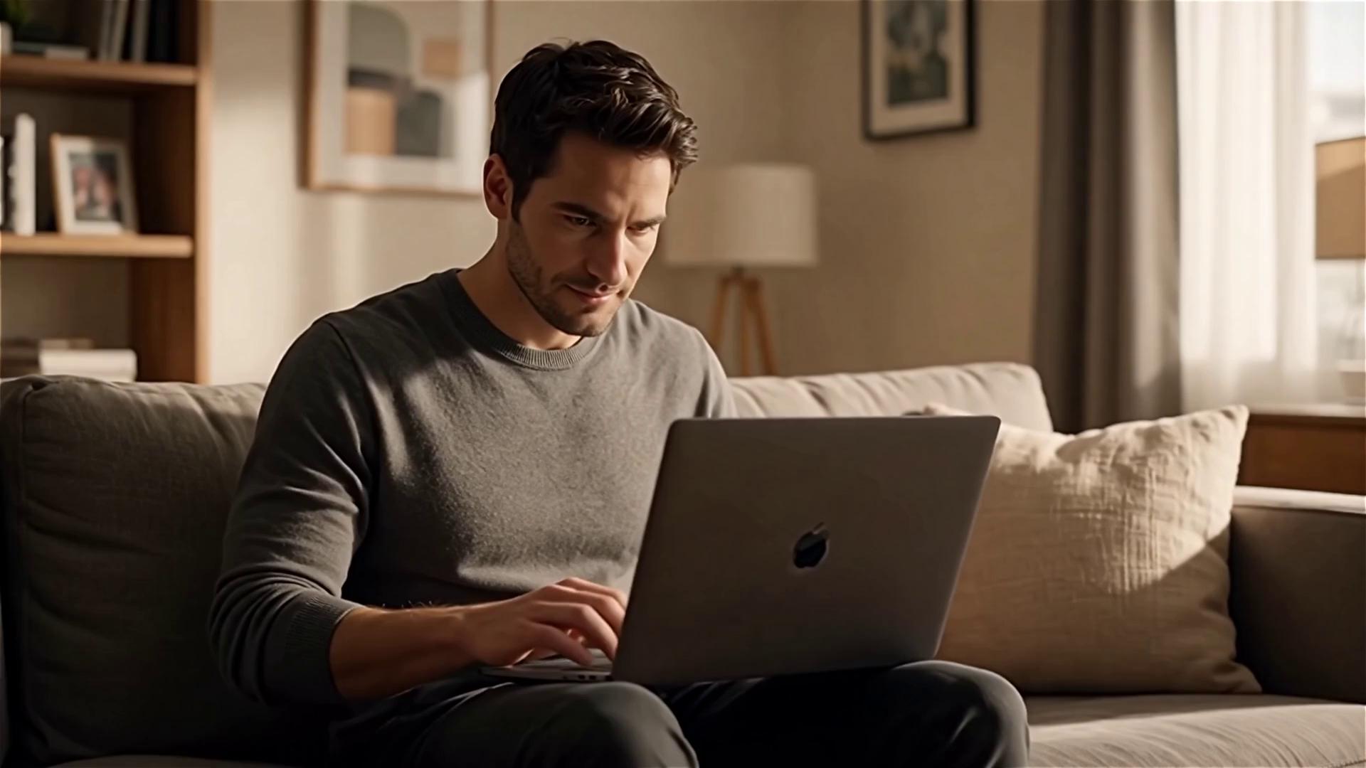 Prompt: A realistic cinematic scene: a man sitting on a modern couch in a cozy living room, working on a laptop. He types for a moment, then pauses as the laptop shows a subtle success confirmation from   SimplyfyLifeVault.  He looks up from the screen, relaxes his shoulders, smiles with pride, and nods like he did a great job. Soft natural daylight, warm tones, shallow depth of field, smooth camera movement, 4K, realistic skin texture, professional commercial style.