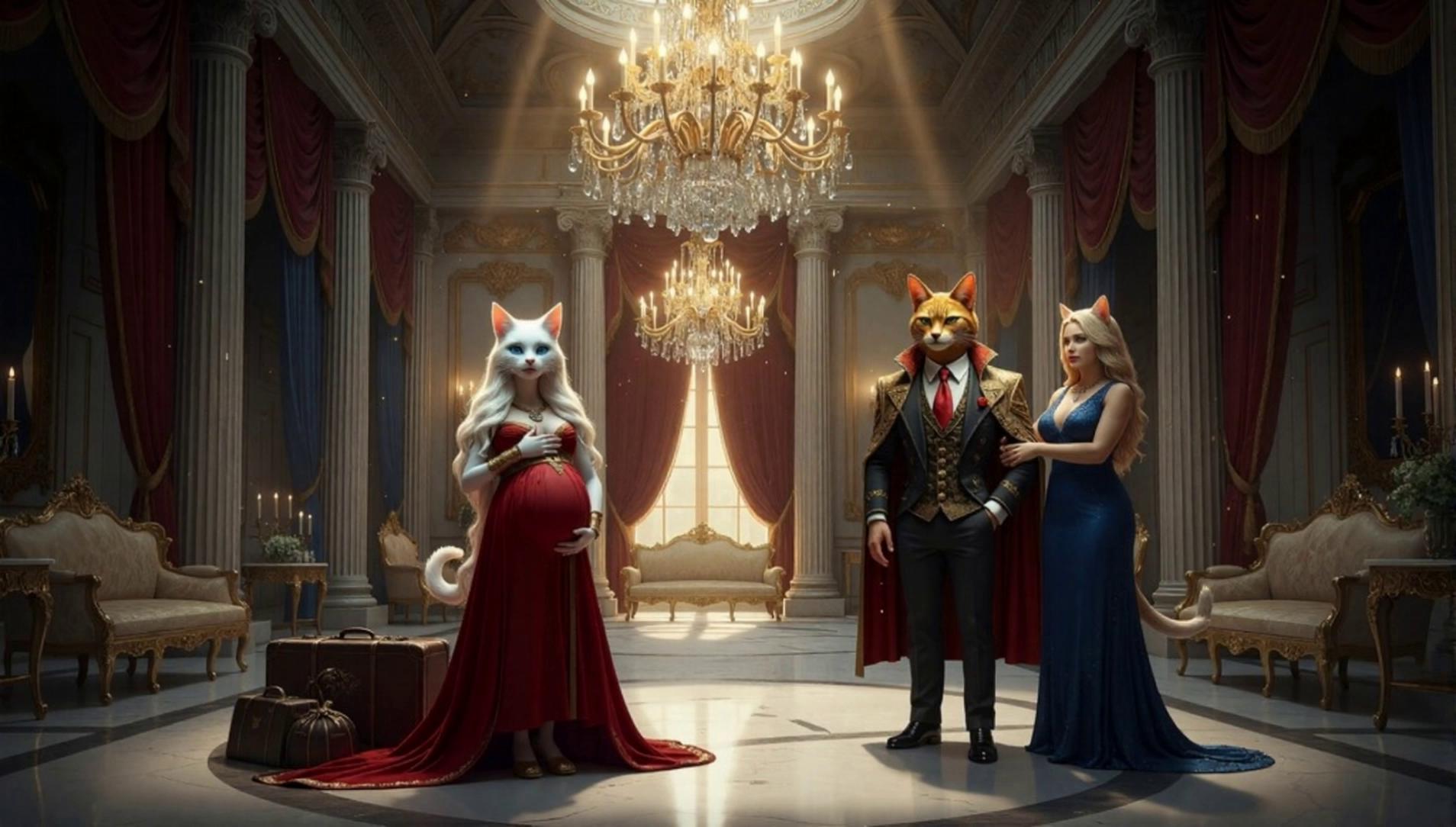 Prompt: A pregnant cat-woman   in a flowing royal gown is forcefully chased across the grand hall, struggling to keep her balance as tears stream down her furred face. Her round belly is clearly visible beneath the moving fabric as she stumbles forward in emotional and physical distress.

A furious group of royal guards and servants point and shout as they drive her toward the massive palace doors. Her wealthy powerful cat-man husband stands cold and unmoved beside a glamorous curvy woman clinging to his arm, watching with silent judgment and quiet victory.