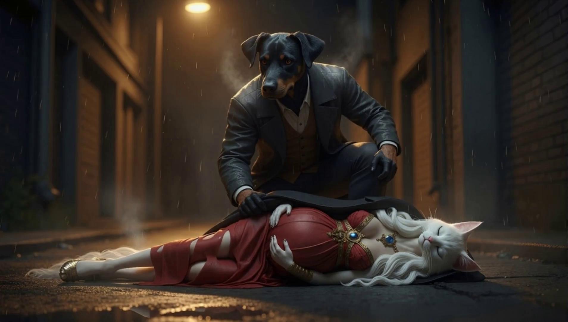 Prompt: Cinematic, ultra-realistic 8K scene in a dim alleyway at night. The background remains damp and shadowed, with puddles reflecting the surrounding city lights. A pregnant cat-woman, @Liora the pregnant cat-woman Liora, lies unconscious on the cold pavement under a flickering streetlight. The atmosphere begins to shift—warmth entering darkness.

From a low-angle perspective, a tall, rugged dog-man named Rolf kneels beside her. His expression is soft yet determined. The streetlight above transitions from cold white to a warm golden tone, casting a gentle glow across the scene. Rolf gently covers Liora’s fragile form with his dark coat, the fabric folding softly around her. One hand supports her back while the other cradles beneath her knees as he prepares to lift her with great care.

His clothes are slightly weathered, his hair damp from the rain. Steam rises subtly from the ground around them. The mood is cinematic, hopeful, and intimate—capturing the moment warmth and protection pierce through isolation. The camera angle emphasizes Rolf’s strength and compassion as he shields her.

Detailed textures: wet pavement, coat fabric, Liora’s soft hair and torn dress, golden light reflections on the ground, misty breath in the cold air. Hyper-detailed, emotional realism, shallow depth of field, photorealistic lighting and skin textures, perfect for dramatic storytelling and ASMR-style mood
