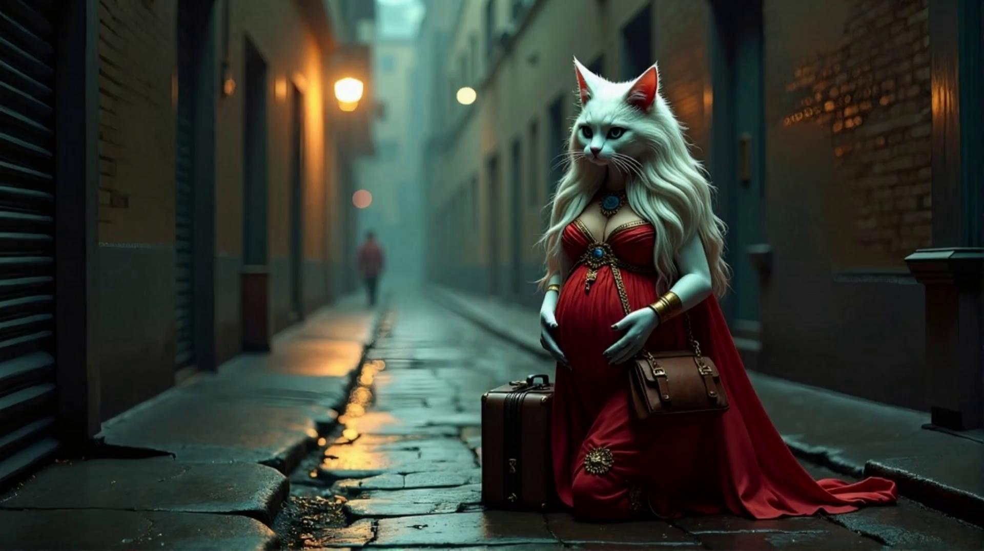 Prompt: @Liora  collapses with her bags. Ultra-realistic cinematic 8K video of a pregnant @Liora cat-woman named @Liora  a dimly lit alleyway at night. The atmosphere is heavy with emotional tension—weak and fragile. The alley is narrow, damp, and quiet, lit only by a single flickering streetlight casting a golden glow across the cracked pavement. Liora stumbles forward slowly, soaked from earlier rain, clutching a worn leather bag tightly over one shoulder. Her torn dress drapes over her swollen belly, her steps falter.
Suddenly, the camera shifts to a close-up: Liora gasps, then collapses to her knees. One trembling hand clutches her belly protectively, while the other hits the wet ground to break her fall. Her bag slips off her shoulder and hits the pavement beside her with a soft thud. Her ears droop, her breathing ragged. Under the pale glow of the streetlamp, her soaked fur and clothes glisten as faint steam rises from the wet concrete around her.
The background blurs as the focus stays tight on her expression—eyes fluttering, pain and fear etched across her face—before she faints and slumps forward slowly in haunting slow motion. Gentle ASMR sounds of distant traffic, dripping water, and her shallow breathing enhance the emotional weight. Cinematic lighting, shallow depth of field, soft bokeh from distant lights, every raindrop and trembling movement rendered in photorealistic detail.
