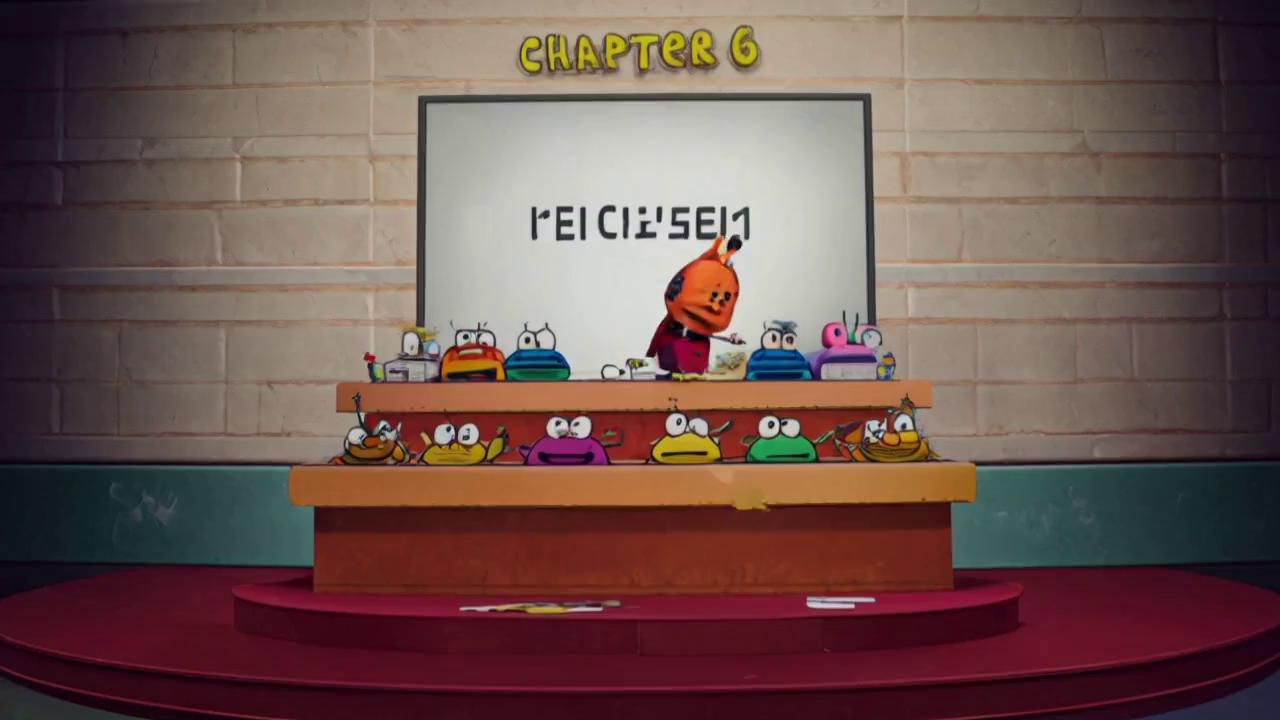 Prompt: Concept: A rapid-fire montage showcasing Li’l Petey (Cat Kid) inspiring the baby frogs to create wild, funny comics, ending with a humorous explosion of creativity.Script and Breakdown:Seconds 0–1 (Opening Shot):
Visual: A colorful classroom with Li’l Petey (a small orange kitten in a cape) standing on a desk, holding a marker and pointing to a whiteboard that says “COMIC CLUB!” Twenty-one baby frogs (Naomi, Melvin, Poppy, etc.) sit at desks, looking excited but chaotic, with paper and art supplies scattered everywhere.

Seconds 1–3 (Montage of Creativity):
Visual: Quick cuts (0.5 seconds each) of four baby frogs creating mini-comics:Naomi draws “Squid Kid and Katydid,” with a squid and katydid in superhero poses (pencil sketch style).Melvin scribbles “Monster Cheese Sandwich,” a goofy sandwich monster eating itself (felt-tip marker style).Poppy paints “Two Birds,” with two birds flying in a poetic, watercolor sky.Pedro photographs a handmade “Frogzilla” model stomping a cardboard city (photo-comic style).

Seconds 3–5 (Climax and Close):Visual: The classroom shakes as a giant, colorful comic book “BOOM!” explosion (in comic-style text) fills the screen. Pages of the frogs’ mini-comics (e.g., “Supa Fail,” “Chubbs McSpiderbutt”) rain down. The final frame shows Li’l Petey, Molly, and Flippy laughing amidst the paper chaos, with the text “CAT KID COMIC CLUB!” in bold., you 