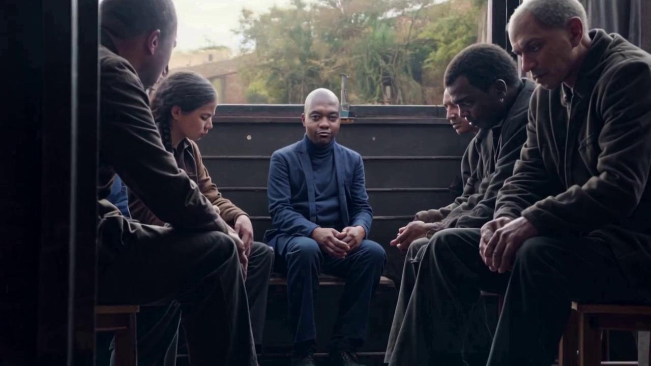 Prompt: A group of people sit in silence. Some have their heads down, some look anxious. A young mother holds her child. A man stares at the floor. Their clothes are simple — you can feel the weight in the room while You walk slowly to the front, facing them — calm, compassionate. You pause for a second and then begin to speak