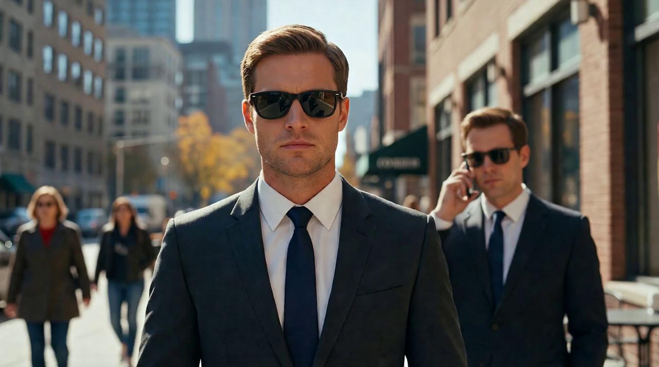 Prompt: Cinematic medium shot.

Slow, subtle camera zoom-in toward Logan.

Logan stands facing forward, composed and observant.
His face is neutral at first.

Then his expression changes very subtly:
– the corners of his mouth lift almost imperceptibly,
– his lips remain closed at all times,
– no teeth visible,
– no wide smile.

This is not a smile, but a soft, restrained micro-expression of interest.

His eyes soften slightly, with a calm, confident, attentive look.

After this subtle change in expression, Logan smoothly reaches for his sunglasses and removes them in a slow, natural motion.

Craig remains in the background, out of focus, casually talking on the phone, moving naturally and distracted.

Warm daylight from the right side only, softly illuminating Logan’s face.

Realistic facial animation. Minimal movement. Cinematic realism. minimal, realistic, and smooth.