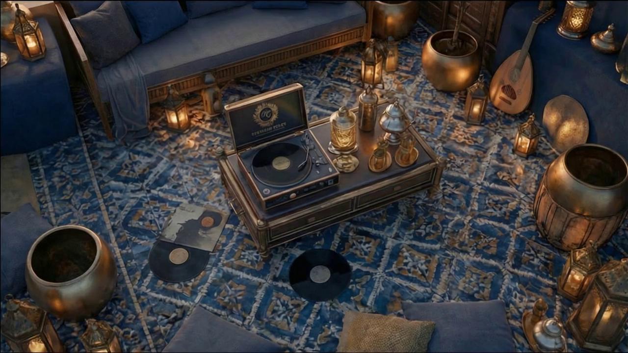 Prompt: fix mouvement of camera, Moroccan lanterns gently swaying, incense smoke rising smoothly, and dolly in mouvement in slow motion