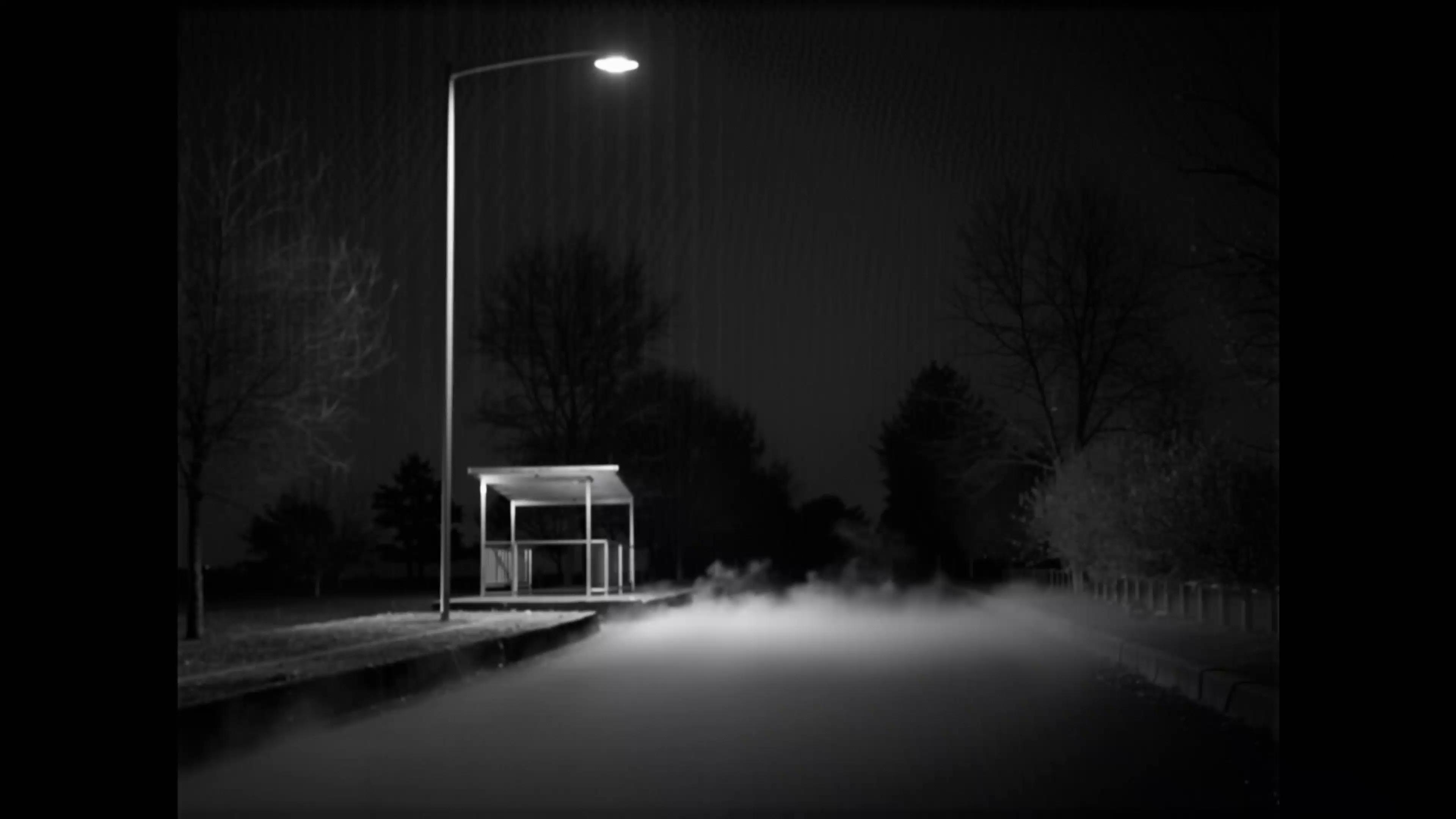 Prompt: A fixed camera shot of an empty bus stop at night on a deserted road.
No people, no vehicles, no motion except subtle environmental changes.
A single streetlamp above the bus stop softly illuminates the scene.
Very light fog slowly drifting across the road.
The streetlamp flickers once, very slightly.
Heavy film grain, low contrast, muted colors.
Cold, quiet atmosphere.
No text, no logos.
No dramatic motion.
Feels like time passing but nothing happening.
Loopable.
Very low ambient hum, almost silence.
No music.