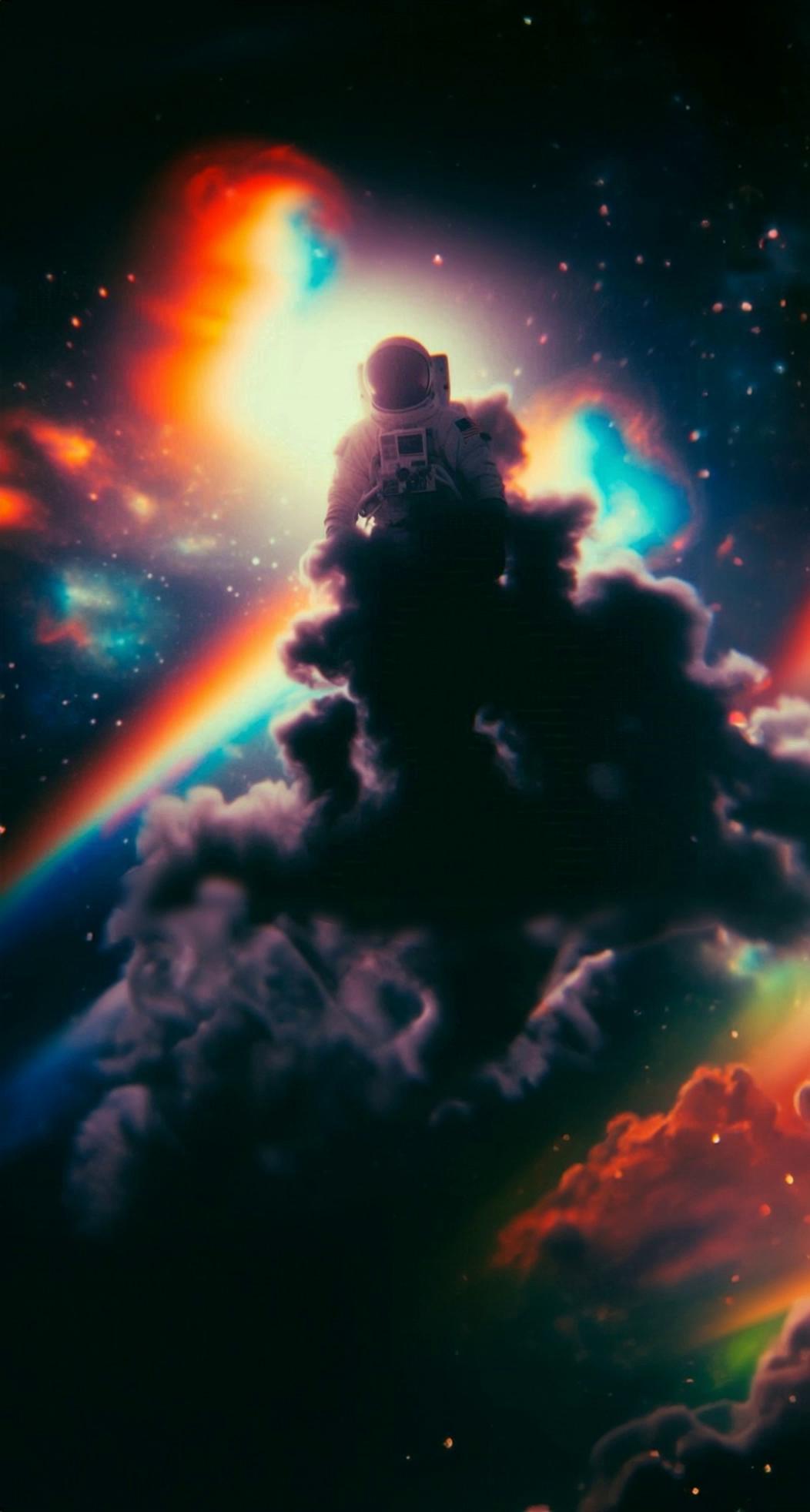 Prompt: Flying up in the atmosphere. Iridescent light specks against black smoke. Sci Fi atmosphere. 