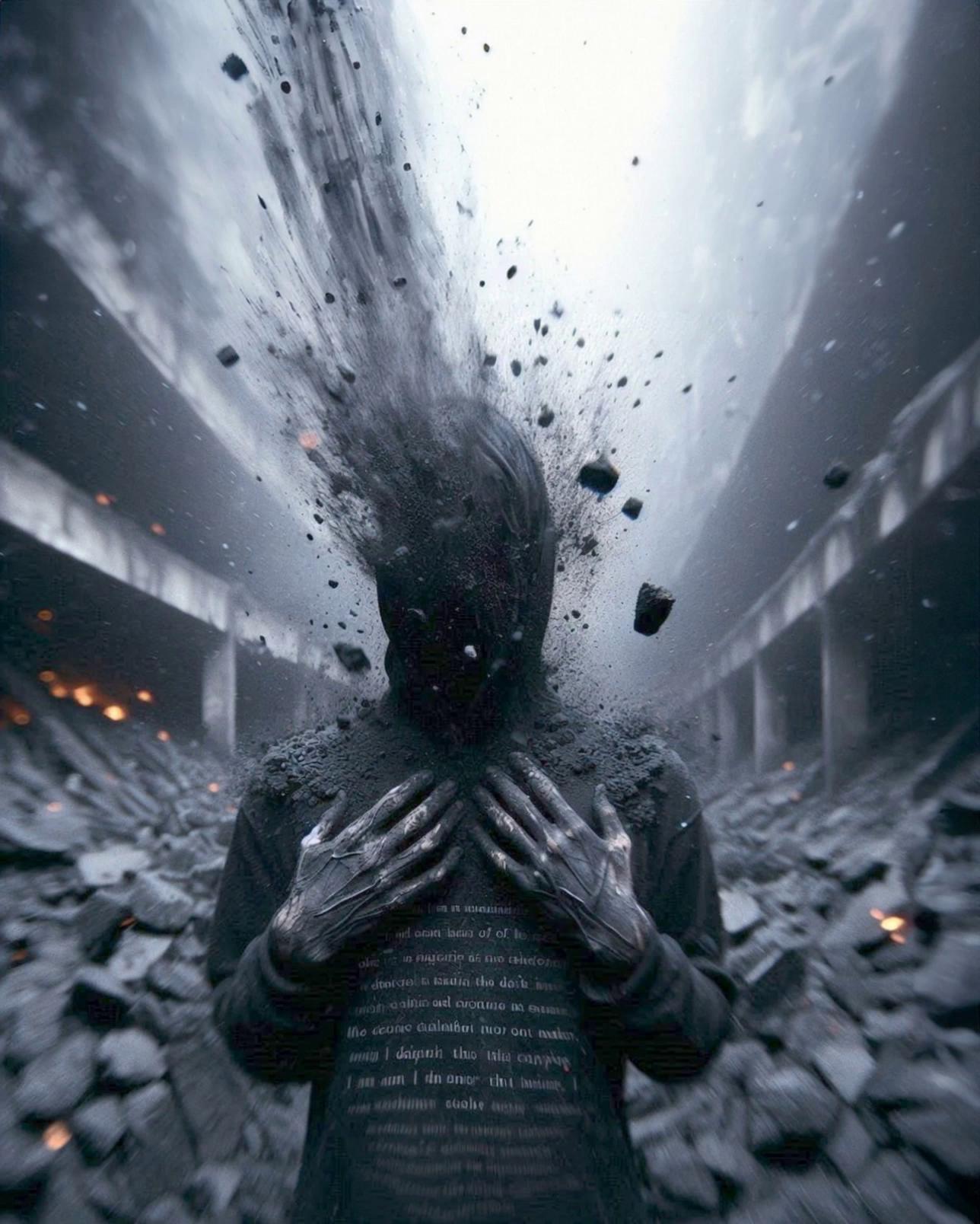 Prompt: Man from first image turns into an angel from second image. Dust, fire, black glittery sand under the angel in second image is twisting towards up. 