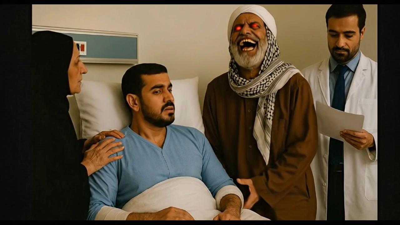 Prompt: A cinematic suspense scene inside a hospital room at night.

Cold white hospital lighting.
A heart monitor beeps steadily.
The atmosphere is tense and unsettling.

Majed (late 20s) lies on a hospital bed wearing blue patient clothes, looking pale and anxious.

Um Majed (in her 50s) stands beside him wearing a black abaya, holding his shoulder tightly, worried.

A doctor (40s) wears a white medical coat with a stethoscope around his neck. He reads a medical report calmly.

A mysterious elderly man appears quietly near the foot of the bed.
He wears a brown thobe and a scarf around his neck.
His smile is unnerving, and his presence feels wrong.

The room becomes heavier and quieter.

Camera (English):
	•	Wide shot of the hospital room
	•	Slow push-in on Majed’s face
	•	Medium shot on Um Majed holding him
	•	Slow push-in toward the mysterious man
	•	Close-up on the man’s unsettling smile

Dialogue (Saudi Najdi Arabic):

Mysterious Man (quiet laugh):
«هه…»

Mysterious Man:
«عرفت إنك سويت حادث… وقلت ما يصير… لازم أزورك وأطمن عليك.»

Majed (weak, nervous):
«وش تبي…؟»

Um Majed (to the doctor):
«دكتور… ولدي مو طبيعي… أحسه مرتعب.»

Doctor (calm):
«اهدّي… أموره طيبة… بس يحتاج راحة.»

Audio (English):
	•	Low suspense drone
	•	Soft unsettling room tone
	•	Heart monitor beeps
	•	No supernatural words or effects
	•	No whispers, no screaming, no violence

Strict Rules:

Only four characters: Majed, Um Majed, Doctor, Mysterious Man.
No extra people.
No text on screen.
No subtitles